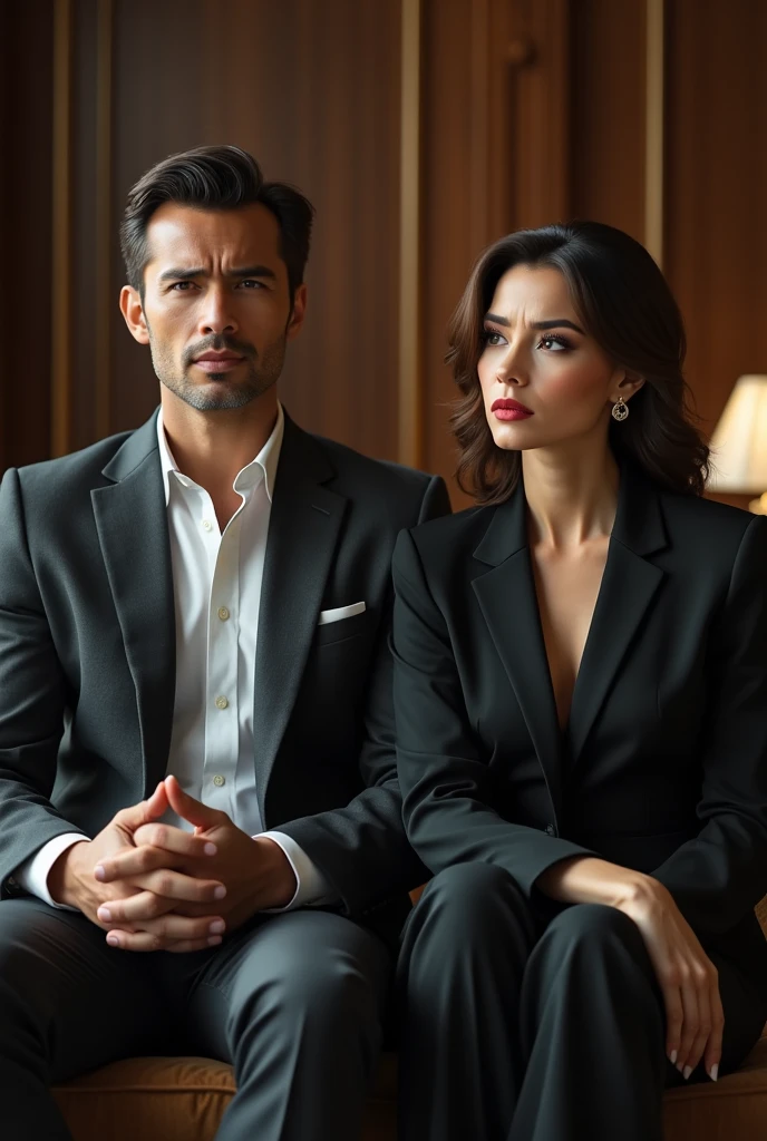 create an image of a man wearing a suit, sitting in a leather armchair, bebendo whisky, smoking cigar and a woman kneeling next to him