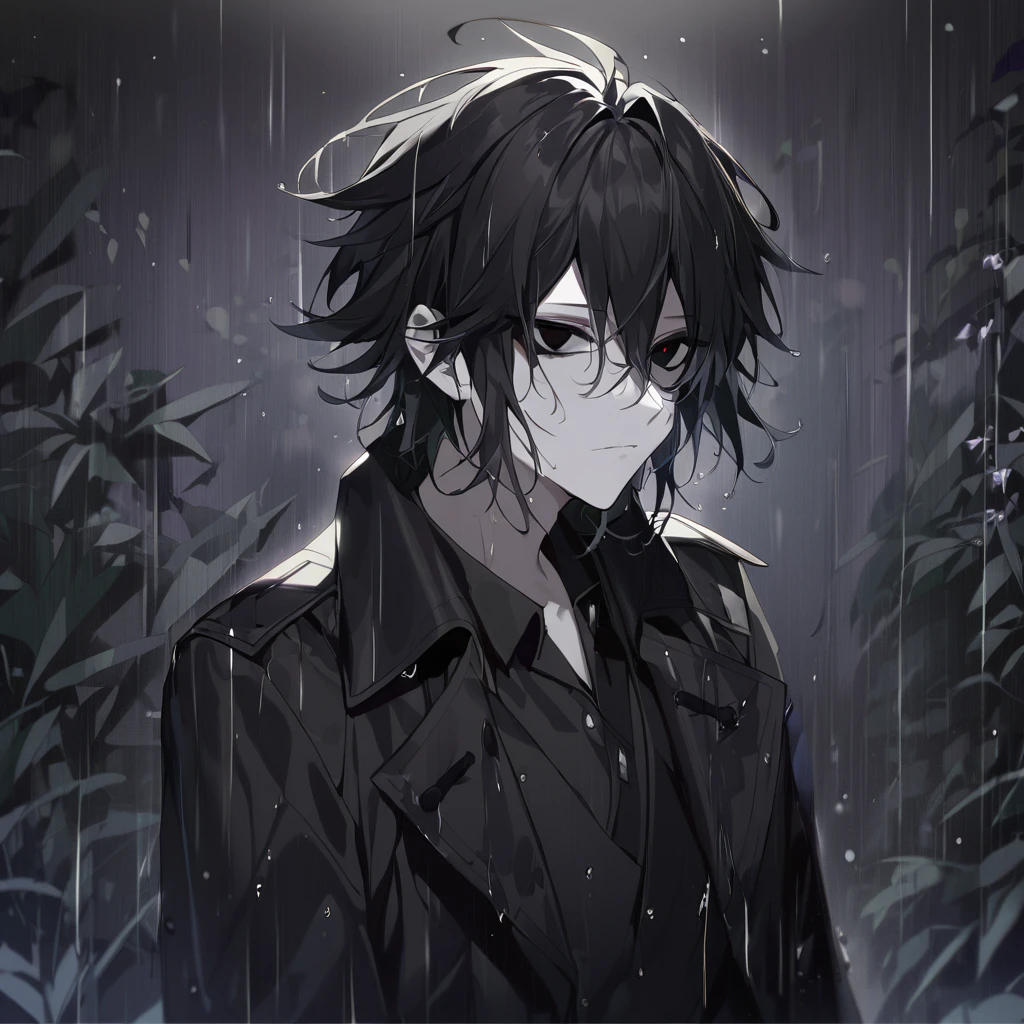 1boy, Black messy hair, Black trench coat, Black eyes, Black sclera, teenage pale skin, Darknees background night rain sinister, wet hair,