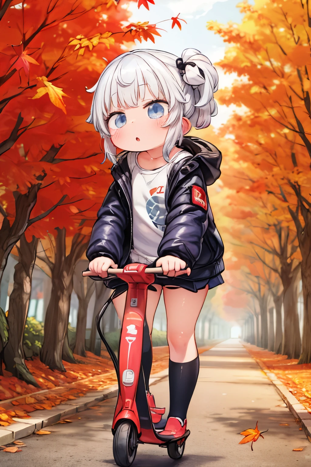 cute girl， anime girl，Ride a small scooter， high definition ，autumn、autumn leaves， down jacket， Details, 32K，