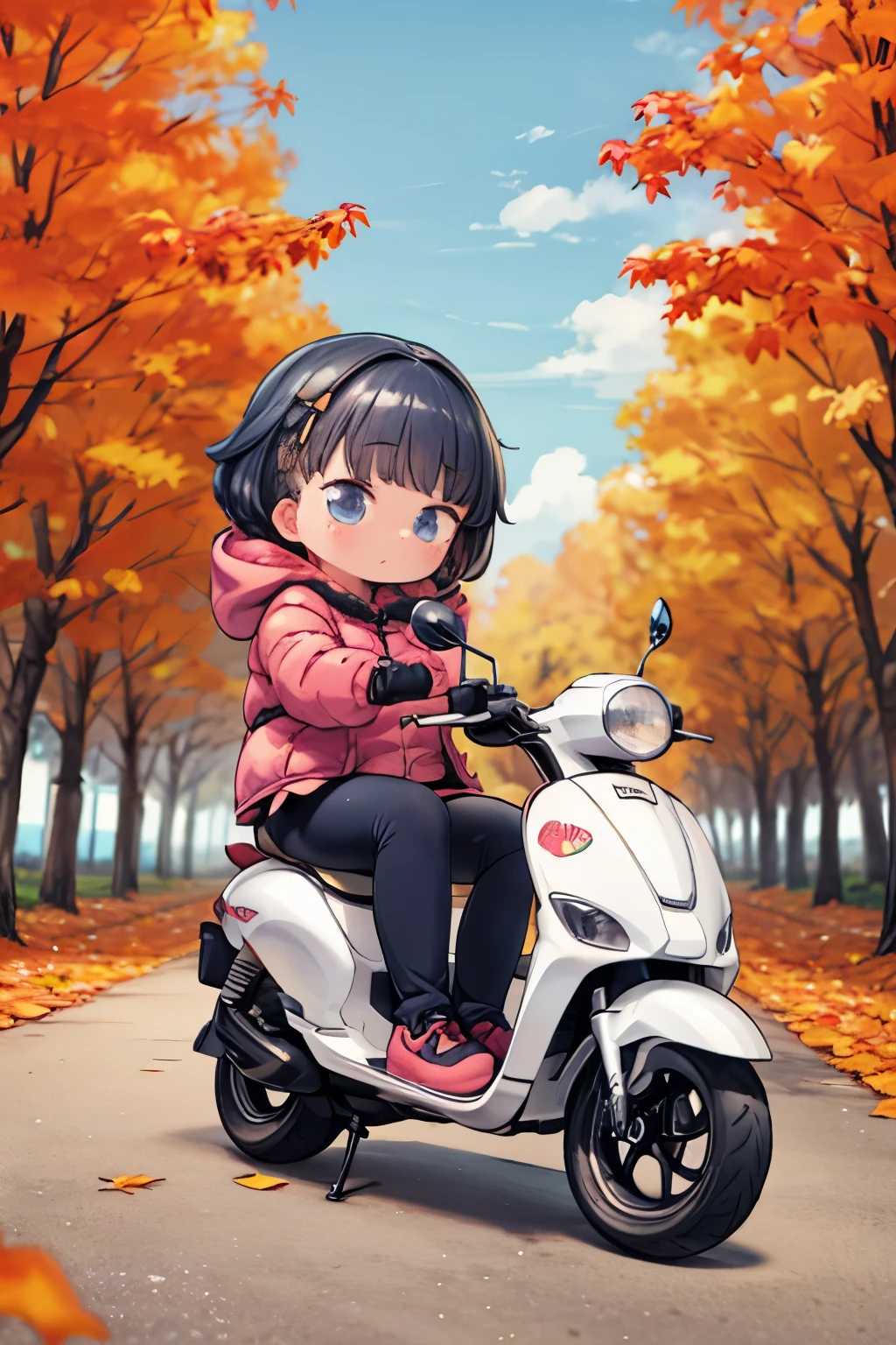 cute girl， anime girl，Ride a small scooter， high definition ，autumn、autumn leaves， down jacket， Details, 32K，