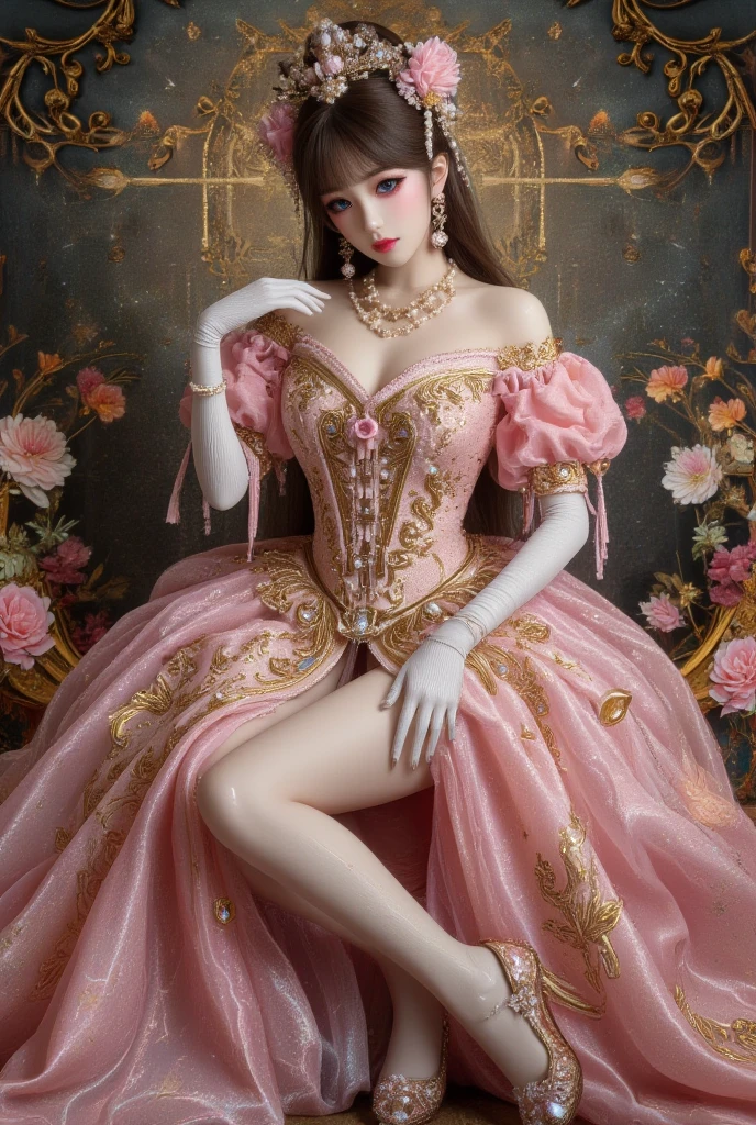 ((masterpiece))，Best quality，absurd，Ultra Detailed，(whole body:1.5)，Golden Ratio，Super cute and beautiful Asian idol girl，Very beautiful violet bright eyes，Beautiful colorful shiny brown hair，High Ponytail，good body shape，fit，Perfect body，(Wearing a stately and exquisite royal Cinderella court evening gown:1.5)，With huge puff sleeves and hourglass waist，adorned with bows，Embroidery and jewelry，Long white gloves，pearl necklace and earrings，Beautiful hair accessories，(Pink crystal high heels:1.8)，Dark theme elements, Pencil Sketch，(rococo style, Romanticism, modern, uhd, anatomically correct, accurate, textured skin, 8K)