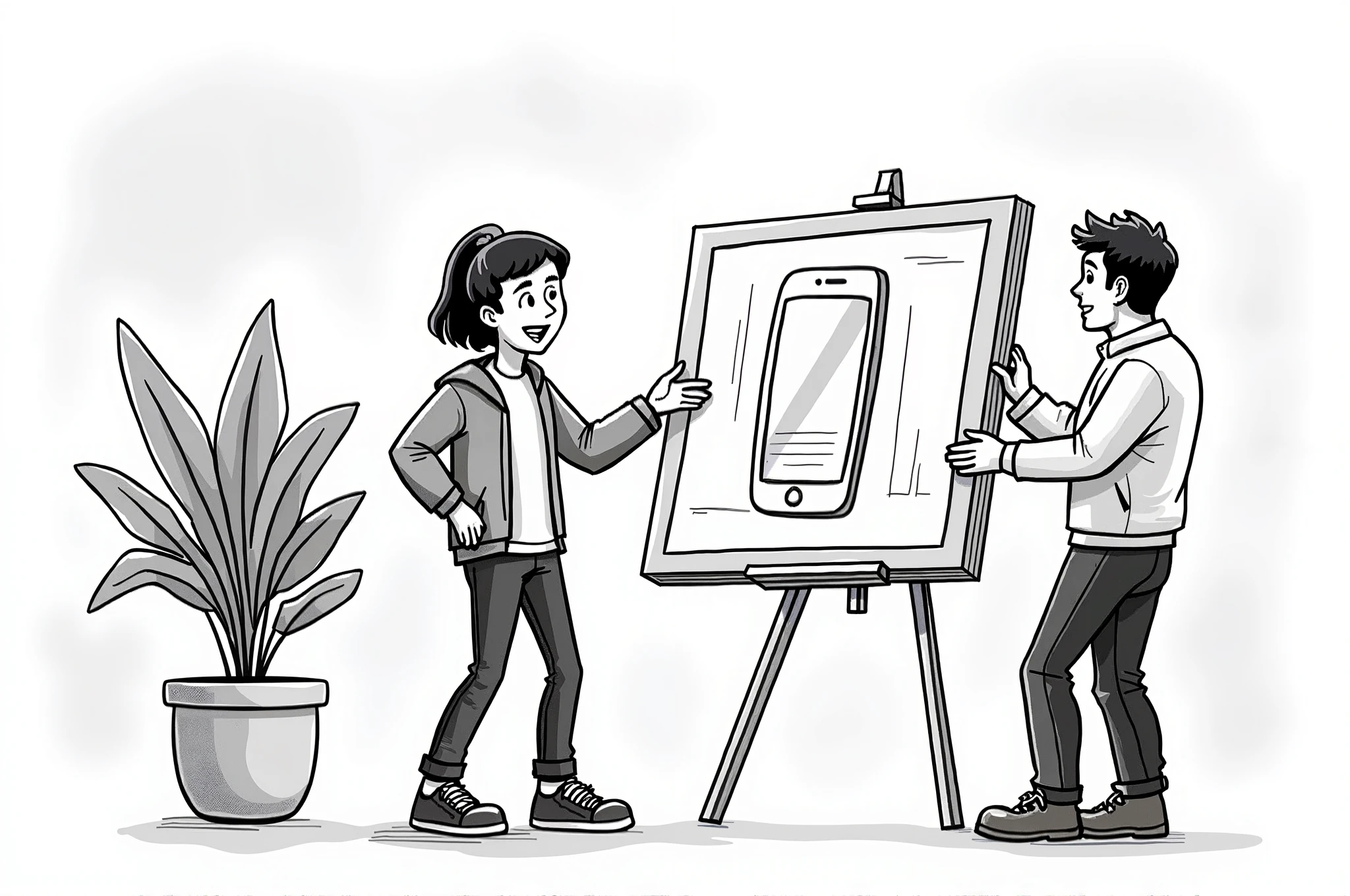 I WANT AN IMAGE OF A PERSON SHOWING SOMEONE ELSE THEIR HAND-DRAWN BLACK AND WHITE CELL PHONE APP ON A BOND SHEET