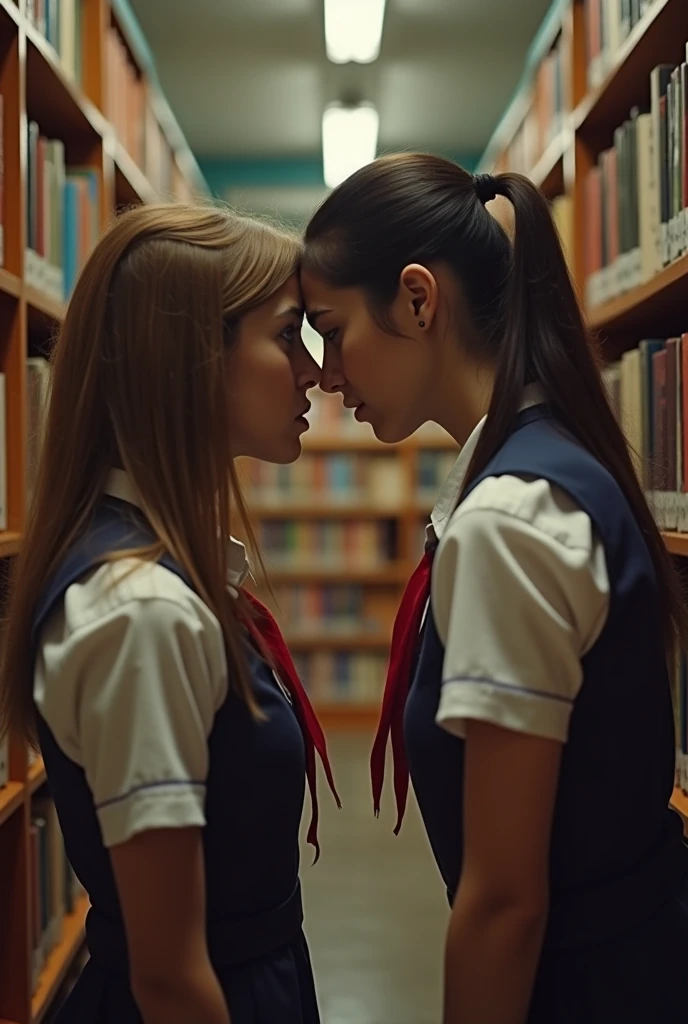 A 15 yo teen girl with braid haircut wearing a school uniform, miniskirt, white pantyhose, over the knee suede high heeled boots kissing and embracing passionately a black middle aged elderly female teacher with curly pixie haircut, glasses, wearing a brown turtleneck white blouse and a long  deep blue skirt , leather knee brown sexy vintage high boots. .Full body photo. Both kissing sensually and enjoying this cozy moment sitting on bench in high school hall. 

