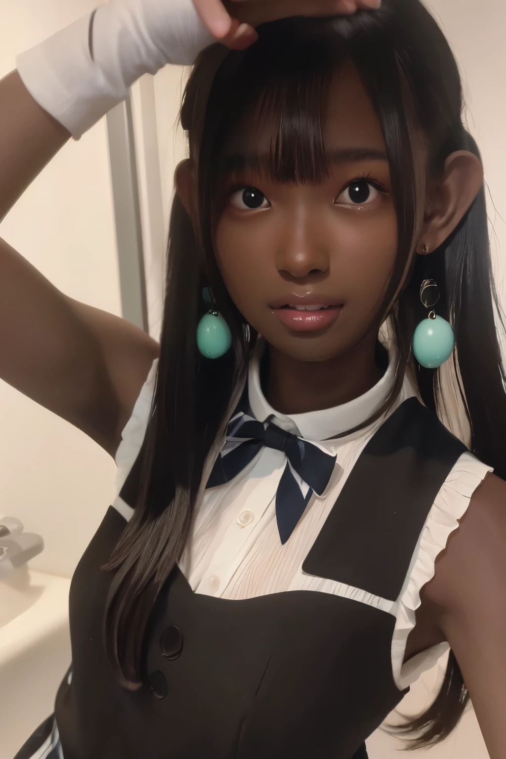 best quality, masterpiece,  highres icon, (detailed:1.4), 1 girl, black hair, ((( dark skin:1.8 ))), extremally thin eyebrows , thick bluish eyeshadow, thick black eyeliner, Highlighted eyes with eyeliner, false eyelashes, (((( arms up )))), high definition ,  anatomically correct, masterpiece, accurate,  MULTIPLE AWARDS , High Quality ,  high definition model ,  High Quality ,  textured skin,  Ultra High Definition,  Very detailed,  anatomically correct,  anatomically correct,  anatomically correct,  anatomically correct,  anatomically correct,  anatomically correct,  anatomically correct,  anatomically correct,  anatomically correct,  anatomically correct,  anatomically correct,  anatomically correct,  anatomically correct,  anatomically correct,  anatomically correct,  anatomically correct,  anatomically correct,  anatomically correct,  anatomically correct,  anatomically correct,  anatomically correct,  anatomically correct,  anatomically correct,  (((( school uniform )))) , anatomically correct,  anatomically correct,  best quality,  best quality,  best quality,  best quality,  best quality,  best quality,  best quality,  best quality,  best quality,  best quality,  best quality,  best quality,  best quality,  best quality,  best quality,  best quality,  best quality,  best quality,  best quality,  best quality,(  cowboy shot ),  high definition ,  high definition , accurate, accurate,  best quality,  best quality,  high detail,  high detail,  textured skin,  Very detailed,  Very detailed,  high definition model ,  high definition model ,  Ultra High Definition,  Ultra High Definition,  high detail,  high detail,  anatomically correct,  anatomically correct,  has won many awards ,  has won many awards , masterpiece, masterpiece,  high definition ,  high definition ,  earrings for a woman alone,  earrings for a woman alone,  angry,  rough breathing, pout, Crazy Eyes, 
