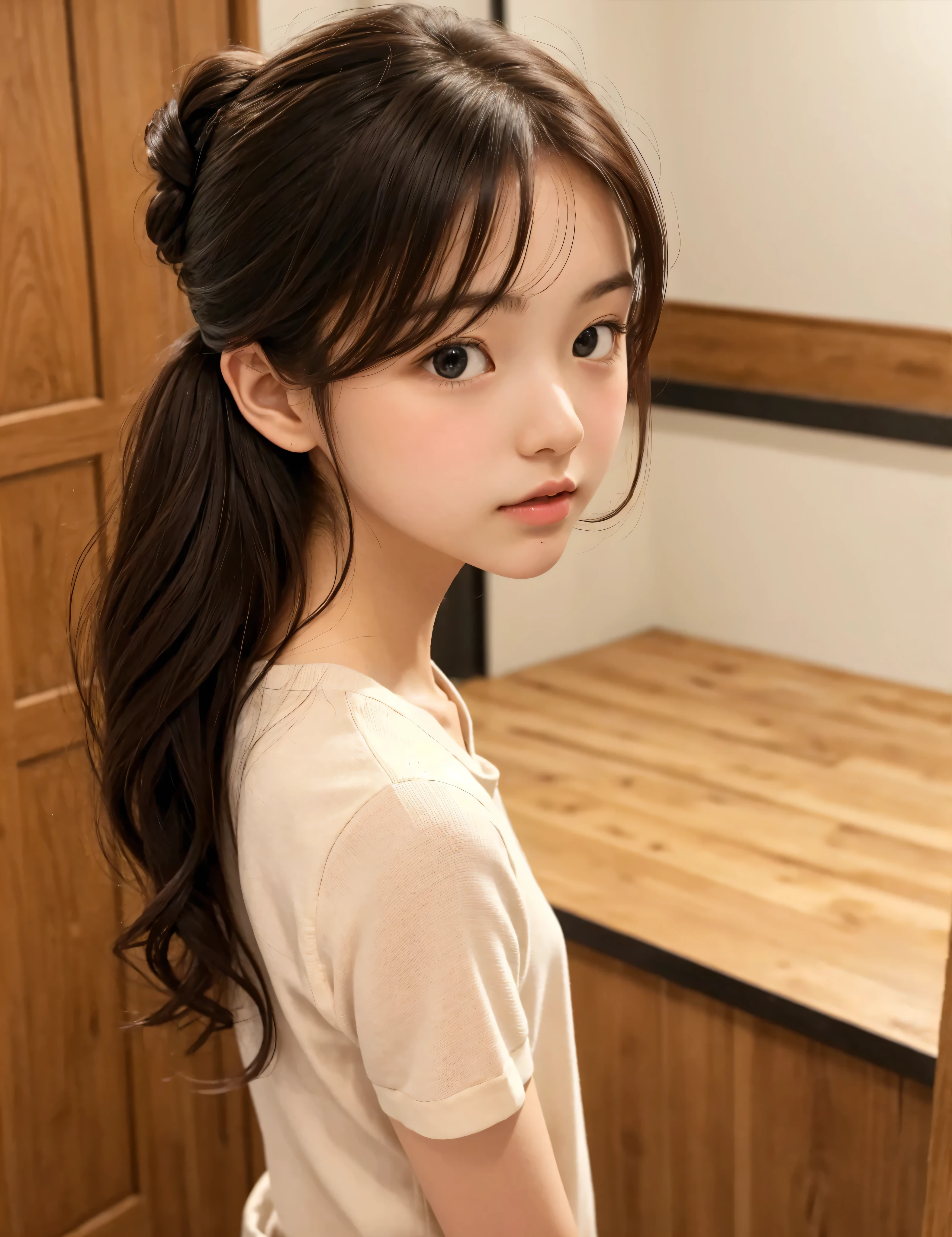 chignon hair,brown hair,slender body,cute pretty girl