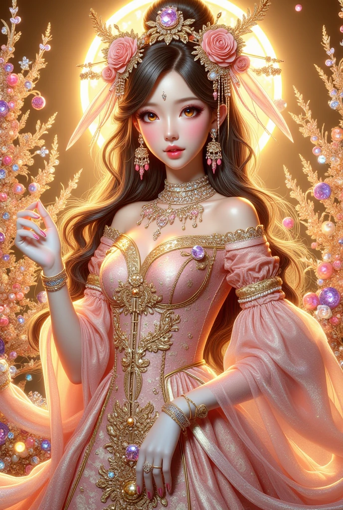 ((masterpiece))，Best quality，absurd，Ultra Detailed，(whole body:1.5)，Golden Ratio，Super cute and beautiful Asian idol girl，Very beautiful violet bright eyes，Beautiful colorful shiny brown hair，High Ponytail，good body shape，fit，Perfect body，(Wearing a stately and exquisite royal Cinderella court evening gown:1.5)，With huge puff sleeves and hourglass waist，adorned with bows，Embroidery and jewelry，Long white gloves，pearl necklace and earrings，Beautiful hair accessories，(Pink crystal high heels:1.8)，Dark theme elements, Pencil Sketch，(rococo style, Romanticism, modern, uhd, anatomically correct, accurate, textured skin, 8K)