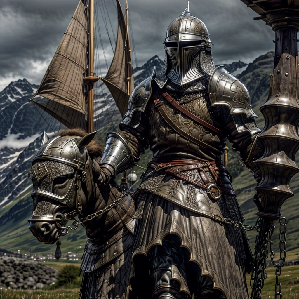 picture on an old yellowed page. ( 1 man wearing a 16th-century Schweizar pikener helmet  [ with a long peak in his hand , a 7-meter-long peak ]  and short brownish-reddish hair in heavy simple cheap armor and chain mail). Oil painting .