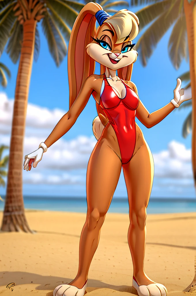 Rabbit is a full-length cartoon girl slim skinny in a red tight lycra swimsuit on the beach with a happy face