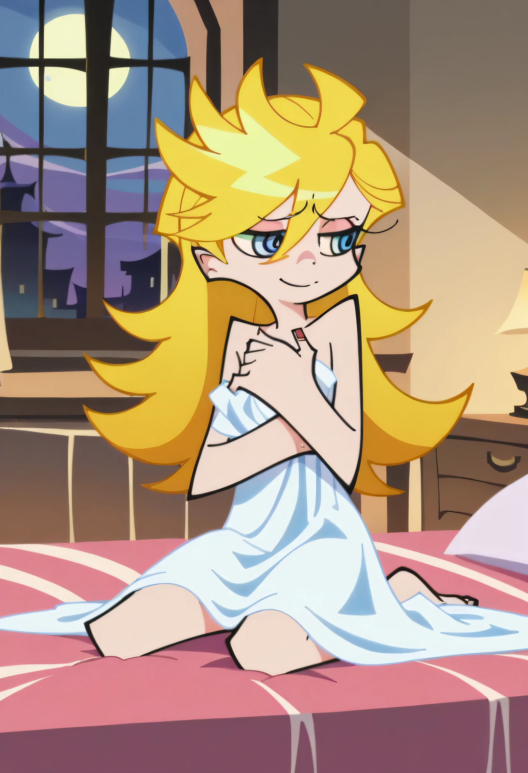 (masterpiece quality), 1girl, (((star butterfly))), wearing the garterbelt, floral embroidery, blondie, long hair, heart cheekmarks, horn hairband, ((topless)), spread legs, sitting on bed, lovehotel