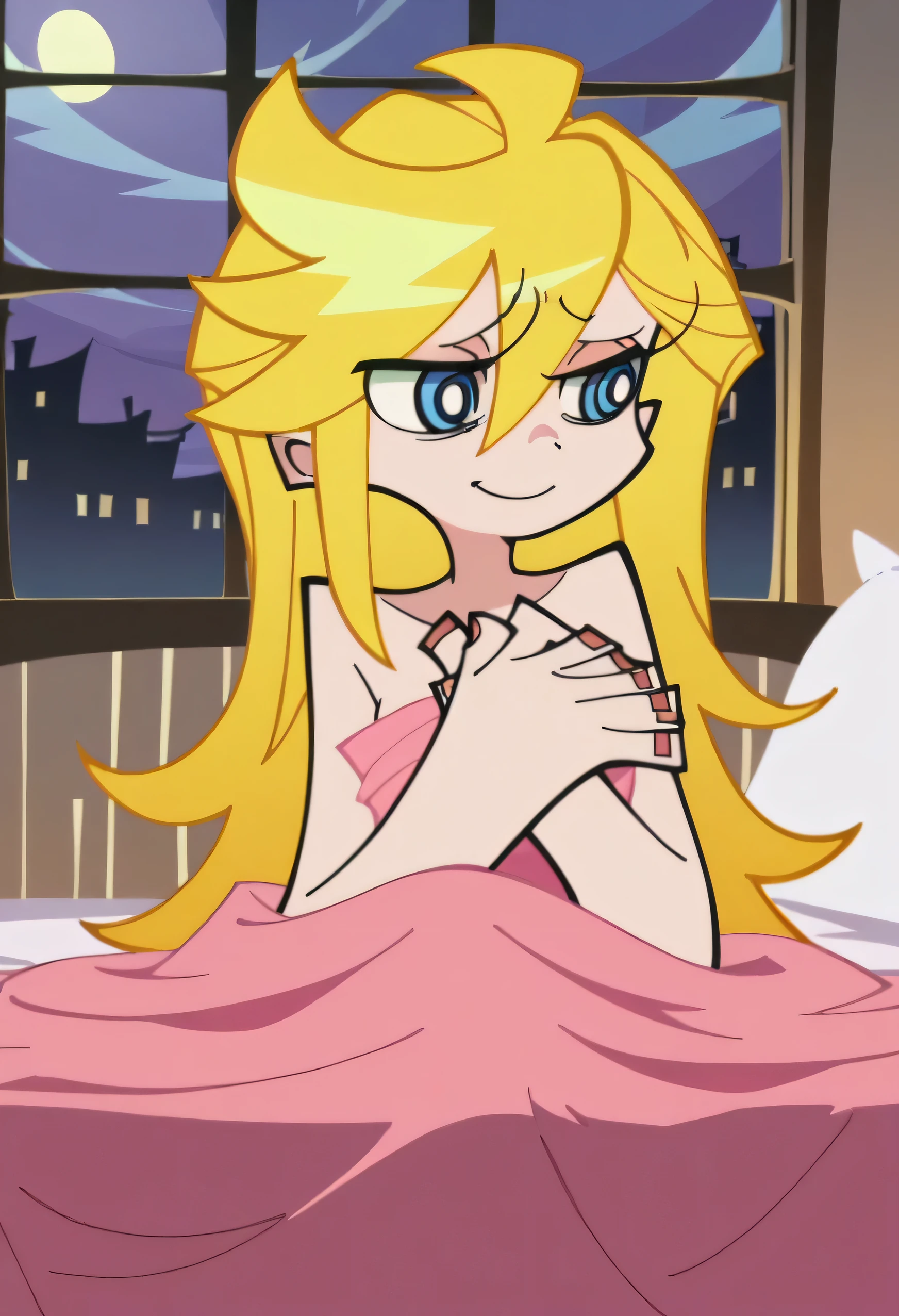 NSFW, 1 girl, star butterfly, blue eyes, blondie hair, long hair, heart shaped cheek marks, female nudity, horn hairband, bedroom background, pink stocking, (pink garterbelt:1.3), sitting at bed