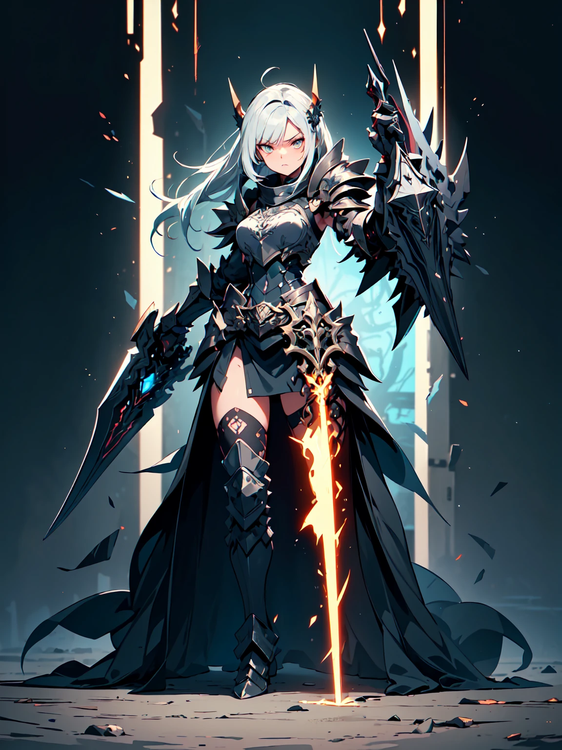 ((Best Quality)), ((Masterpiece)), ((Realistic)) female character with long white hair and piercing red eyes. She wears a demonic armor in purple, black, and white, and wields a large, stylized scythe. The character has a menacing expression, with a chaotic environment as the background. (((detailed character sheet, full body front view, side view, three-quarter view, close-up views of armor details, weapon, and facial features))). ((slender)), (busty), (extremely detailed:1.5), (long white hair:1.2), (piercing red eyes:1.2), (chaotic environment:1.1), (demonic armor:1.3), (stylized scythe:1.3).