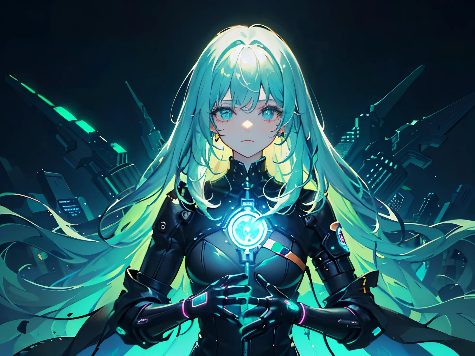 best quality, head-mounted display,
(1 girl, solo), exposed waist, exposed thighs, surrounded by neon, floating hair, NodesTech mascara, NodesTech headdress, smile, long hair with teeth, ethereal hair, multicolored hair,
BREAK sci-fi background, detailed background, neon background, data space