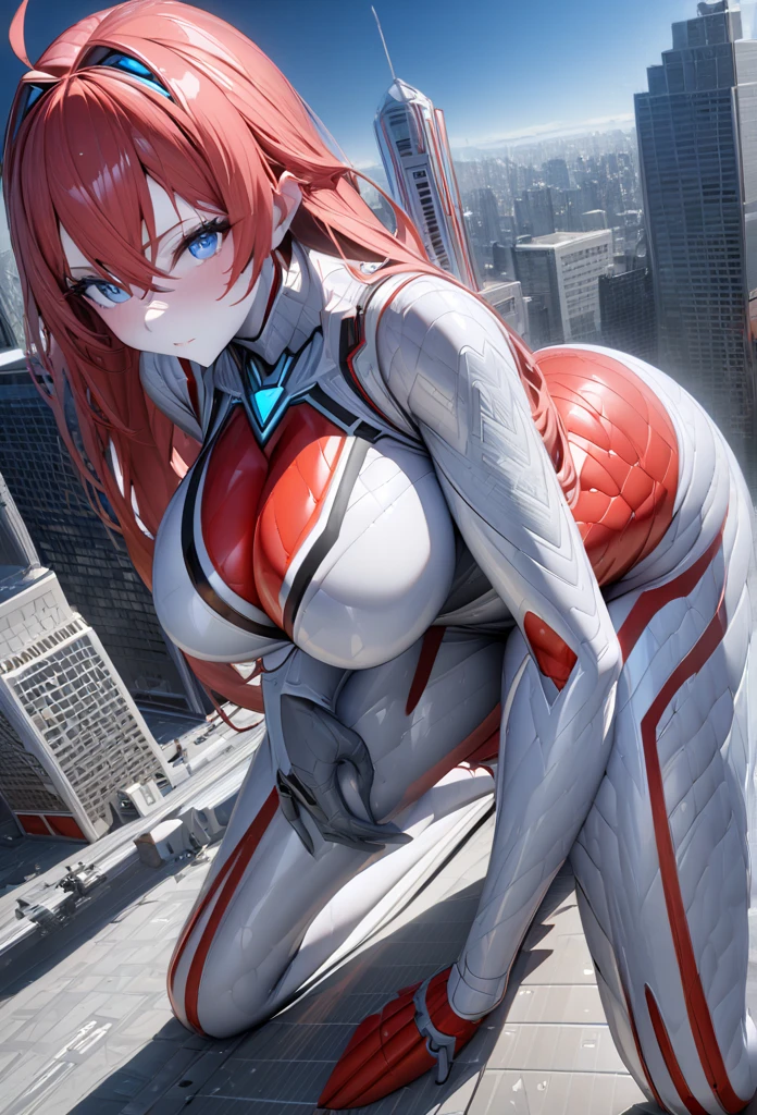 High resolution, masterpiece, best quality, high quality model, high detail, high quality, highly detailed, ultra high resolution, textured skin, redhead, long hair, ahoge, blue eyes, big breasts, one girl, giant, giant ultraman, city of buildings, on all fours,