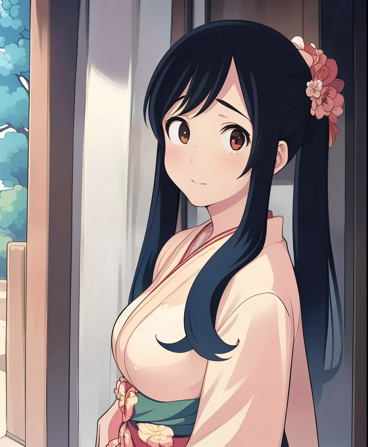(masterpiece、 best quality、 best quality、 Official Art、 beautiful and beautiful :1.2)、( one girl who is at ease:1.3)、 twin tails, Beautiful breasts, 1 girl, Flat Color , retro art style, Ukiyo-e style,kimono