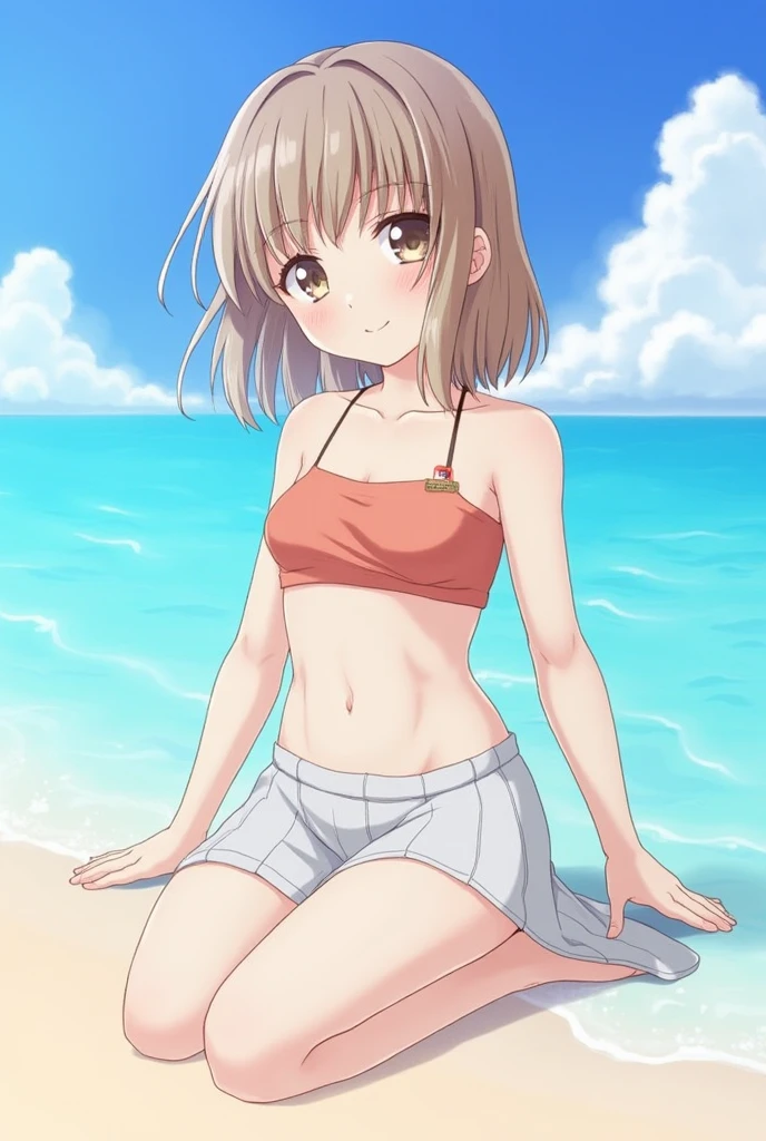 beach,1girl, kinomoto sakura, solo,white school swimsuit,white one-piece swimsuit, green eyes, pussy, brown hair, , short hair, navel、flat chest,blush,get wet,antenna hair,closed mouth,arms behind back,,looking at viewer,highleg swimsuit,smile,back view
