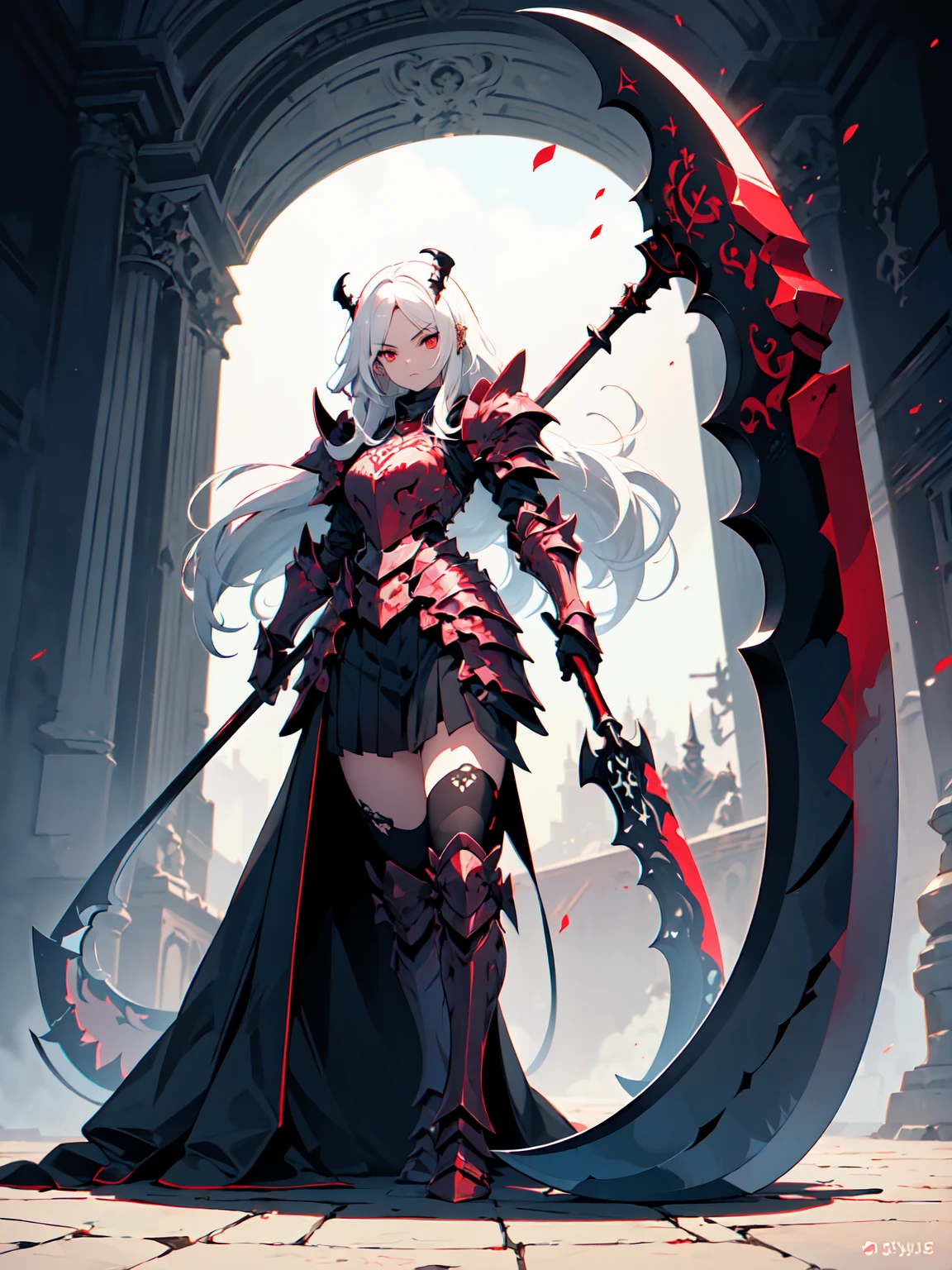 (((masterpiece, best quality, ultra detailed, 8k))) character design sheet of a female character wearing a demonic armor in purple, black, and white. She wields a large, stylized scythe matching the armor. The character has long white hair, piercing red eyes, and a menacing expression. The scene is set in a chaotic environment. Full body front view, with additional close-up views of armor details, weapon, and facial features. (demonic armor:1.3), (stylized scythe:1.3), (extremely detailed:1.5), (long white hair:1.2), (piercing red eyes:1.2), (chaotic environment:1.1). {Detailed background elements and character features are emphasized}.
