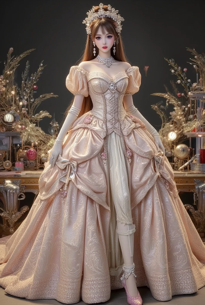 ((masterpiece))，Best quality，absurd，Ultra Detailed，(whole body:1.5)，Golden Ratio，Super cute and beautiful Asian idol girl，Very beautiful violet bright eyes，Beautiful colorful shiny brown hair，High Ponytail，good body shape，fit，Perfect body，(Wearing a stately and exquisite royal Cinderella court evening gown:1.5)，With huge puff sleeves and hourglass waist，adorned with bows，Embroidery and jewelry，Long white gloves，pearl necklace and earrings，Beautiful hair accessories，(Pink crystal high heels:1.8)，Dark theme elements, Pencil Sketch，(rococo style, Romanticism, modern, uhd, anatomically correct, accurate, textured skin, 8K)