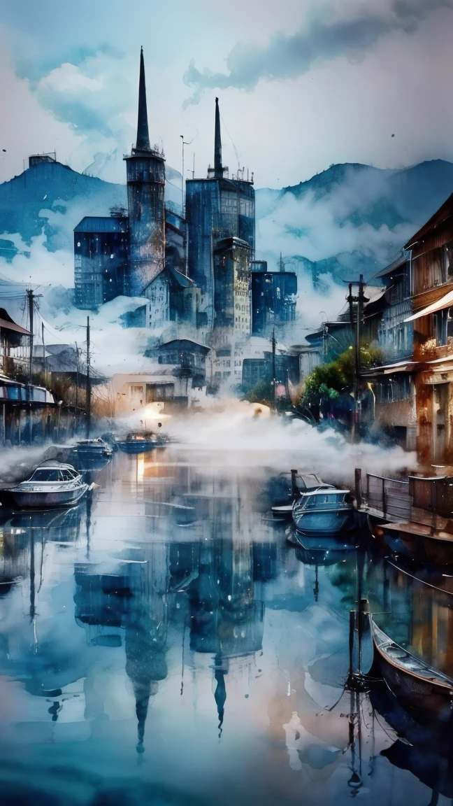 masterpiece, best quality, water, city, reflection of city, (fog:1.3)