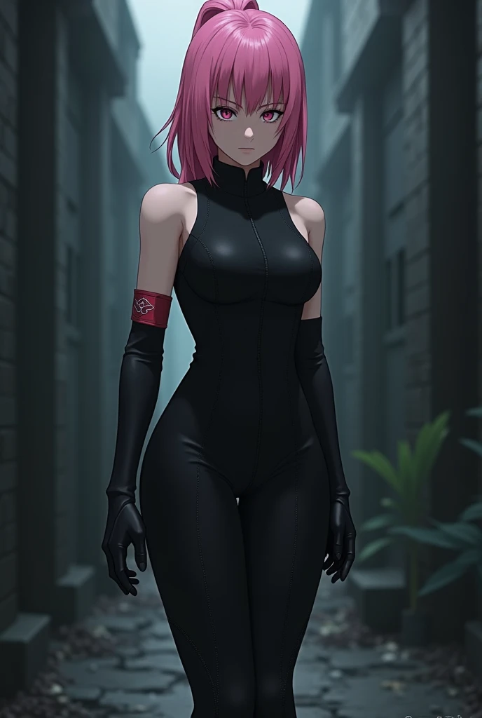 Sakura haruno, cuerpo completo, licra oegado al cuerpo, estilo cyberpunk, sombreado perfecto, Magnificent lighting,  4k hdr, High dynamic contrast.