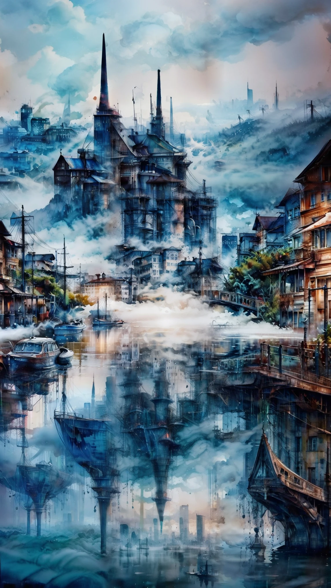 masterpiece, best quality, water, city, reflection of city, (fog:1.3)