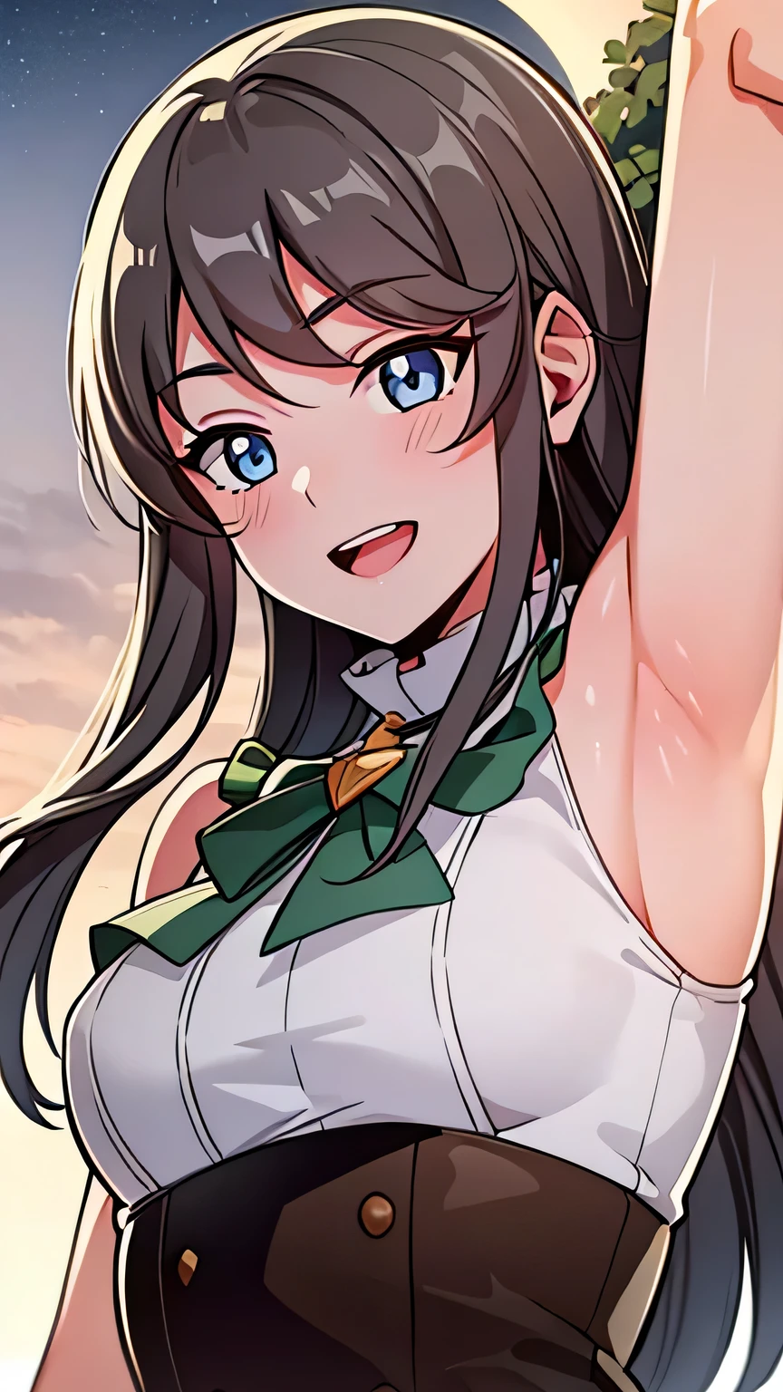 quality, masterpiece, highly detailed, 8k, masterpiece, tilly wimbledon, sleeveless, 1girl, smile, open mouth, blush, detailed face, detailed eyes, medium breast, blue eyes, top of mountain, night, moon, ((armpit)),  sweaty armpit