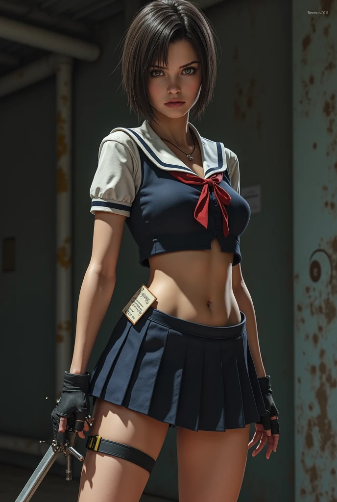 A striking 3D render of a mean-looking, attractive young woman who is the leader of a Sukeban gang. She has a distinctive scar across her left eye, adding to her fierce appearance. In her hand, she holds a baseball bat wrapped in menacing barbed wire. Her attire is a mix of a  uniform and the rebellious Sukeban style, with her skirt rolled up and knee-high socks. She exudes a serious and intimidating aura, symbolizing the rebellious spirit of the Sukeban gangs., 3d render, anime