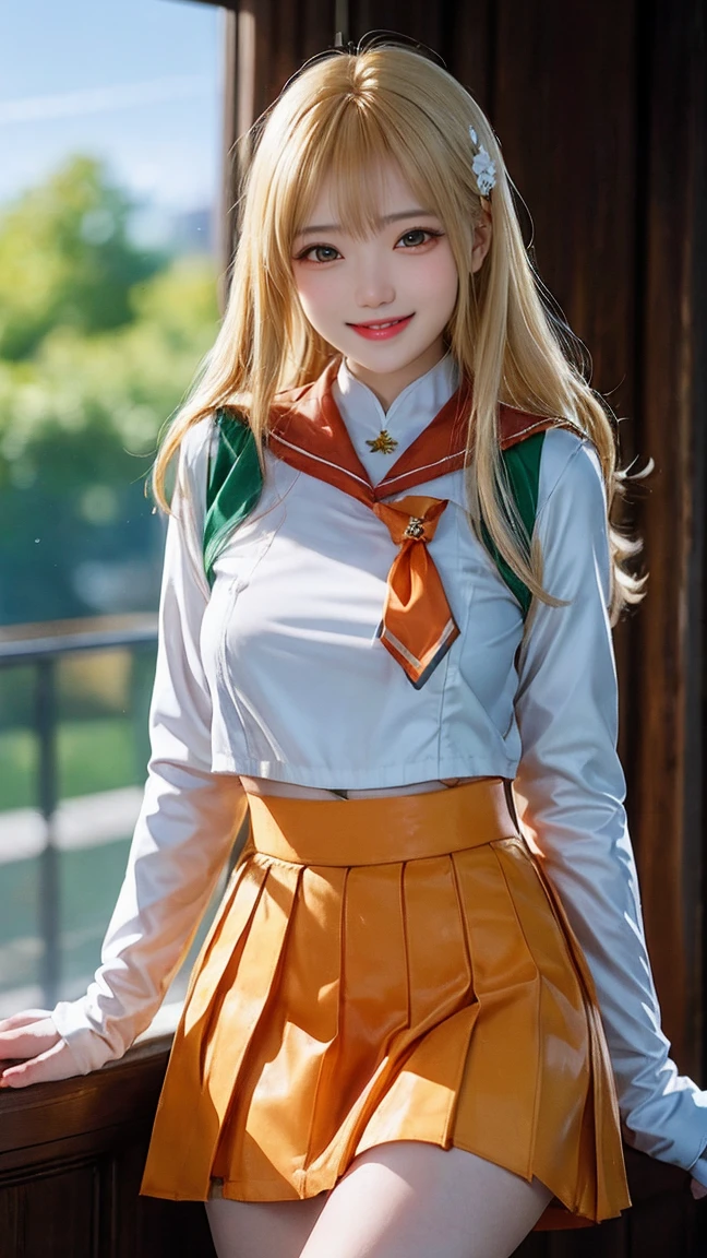 masterpiece, top-quality, A high resolution, SV1, Sailor warrior uniform, one blonde, orangeskirt, Wear gloves on elbows,Elbow woods, tiao, Orange sailor collar, sailorvenus, orange collar, whitegloves, jewely,A smile, Minako Aino,, Skirt cracked, Permanent, white straitjacket,, Gorgeous fabrics, Leather texture, ssmile, Cinema lenses, beautiful ambiance, depth of fields, Manhwa Style, the watercolor style, Flutter, ventania, Wind lift, shinny hair,