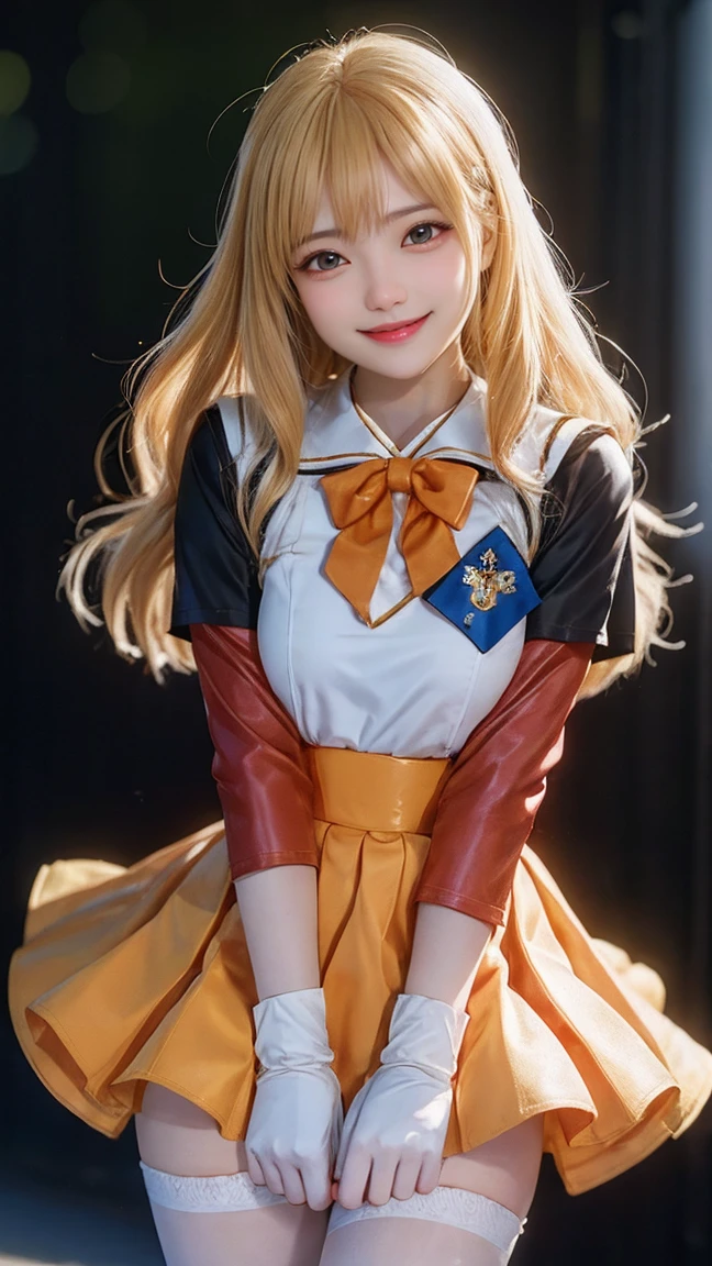 masterpiece, top-quality, A high resolution, SV1, Sailor warrior uniform, one blonde, orangeskirt, Wear gloves on elbows,Elbow woods, tiao, Orange sailor collar, sailorvenus, orange collar, whitegloves, jewely,A smile, Minako Aino,, Skirt cracked, Permanent, white straitjacket,, Gorgeous fabrics, Leather texture, ssmile, Cinema lenses, beautiful ambiance, depth of fields, Manhwa Style, the watercolor style, Flutter, ventania, Wind lift, shinny hair,