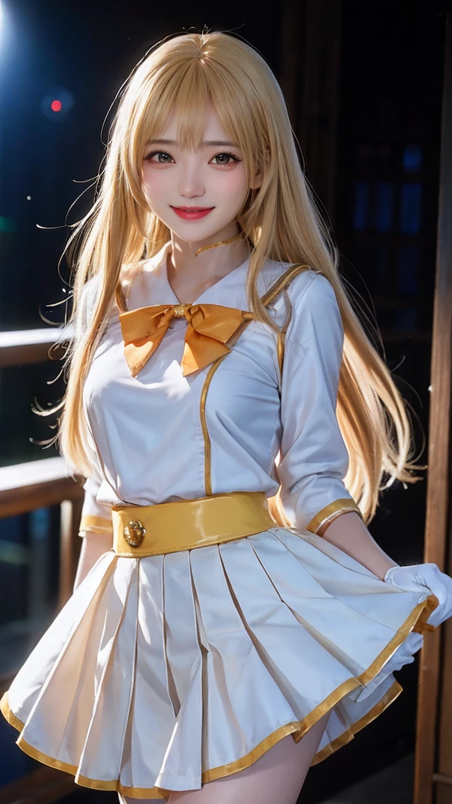 masterpiece, top-quality, A high resolution, SV1, Sailor warrior uniform, one blonde, orangeskirt, Wear gloves on elbows,Elbow woods, tiao, Orange sailor collar, sailorvenus, orange collar, whitegloves, jewely,A smile, Minako Aino,, Skirt cracked, Permanent, white straitjacket,, Gorgeous fabrics, Leather texture, ssmile, Cinema lenses, beautiful ambiance, depth of fields, Manhwa Style, the watercolor style, Flutter, ventania, Wind lift, shinny hair,