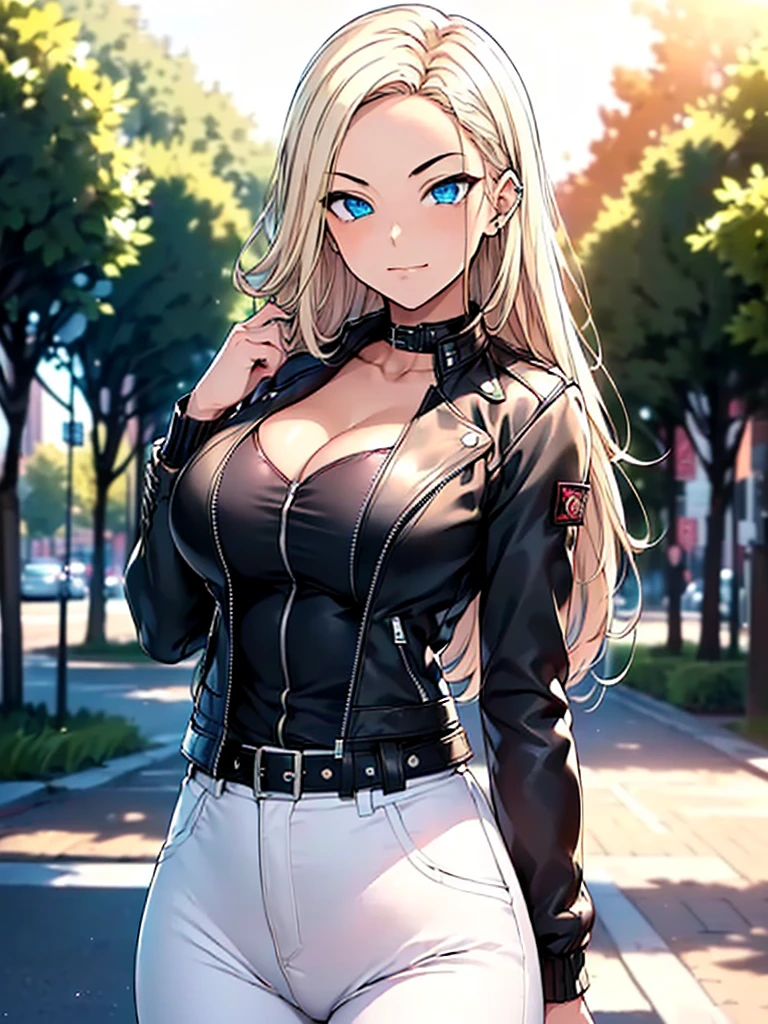 ((1girl, solo ,alone, (reina kurashiki, blue eyes, long hair, blonde hair, straight hair), smug)), ((solo, 1woman,  Extremely detailed, ambient soft lighting, 4k, perfect eyes, a perfect face, perfect lighting, a 1girl)), austere, ((fitness, , shapely body, athletic body, toned body)) , (( biker woman, rocker woman, punk woman, black jacket, leather jacket, white pants, leather pants, belt, city, park, square, trees, buildings, sunny day, smug, sunset)), thick thighs, large breasts, opened shirt, lace bra, closed 