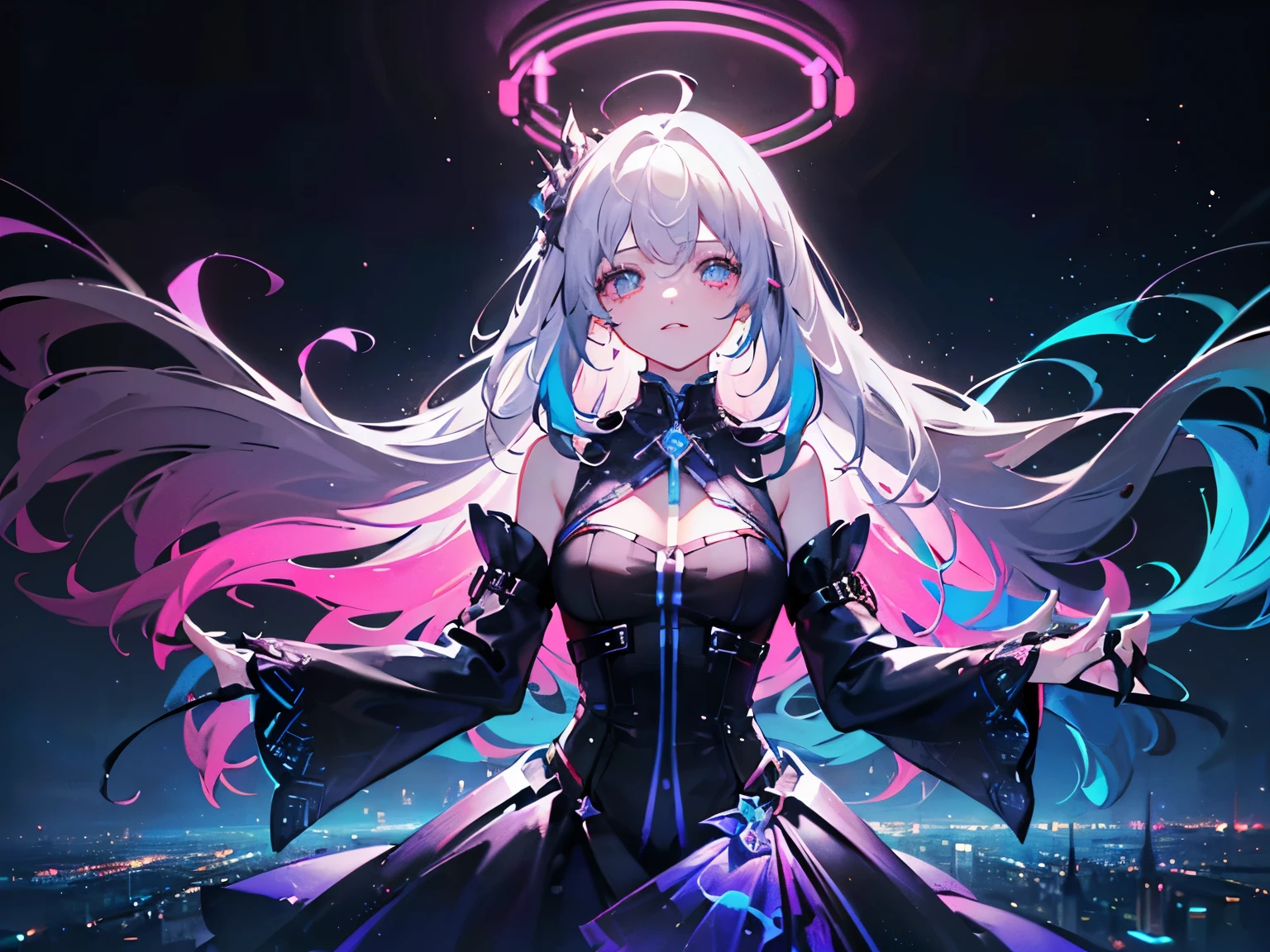 (masterpiece), Highest quality, Ultra-high resolution,Silver Hair、Black Hair、Big smile、Bat、Sick Makeup、(city:1.5)、Violet、luxury、dazzling、luxuryなドレス