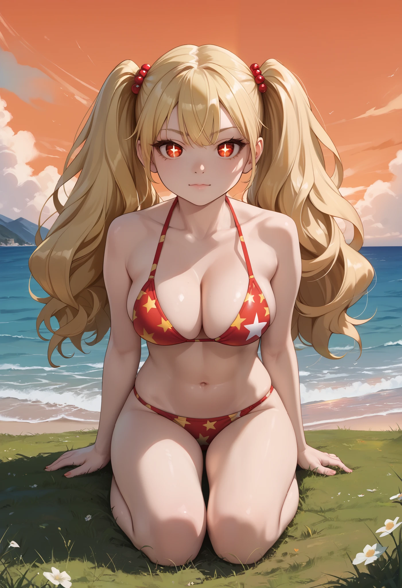 score_9_up, score_8_up, score_7_up, solo, source_anime, 1girl, super hero girl, +_+, bright pupils, detailed eyes BREAK 

Large breasts, Blonde hair, red eyes, twintails, big hair BREAK star pattern bikini, red bikini, legs BREAK 

Closed mouth, pretty face, outdoors, looking at viewer, ocean, sunset sky, orange sky, grass, mountains BREAK