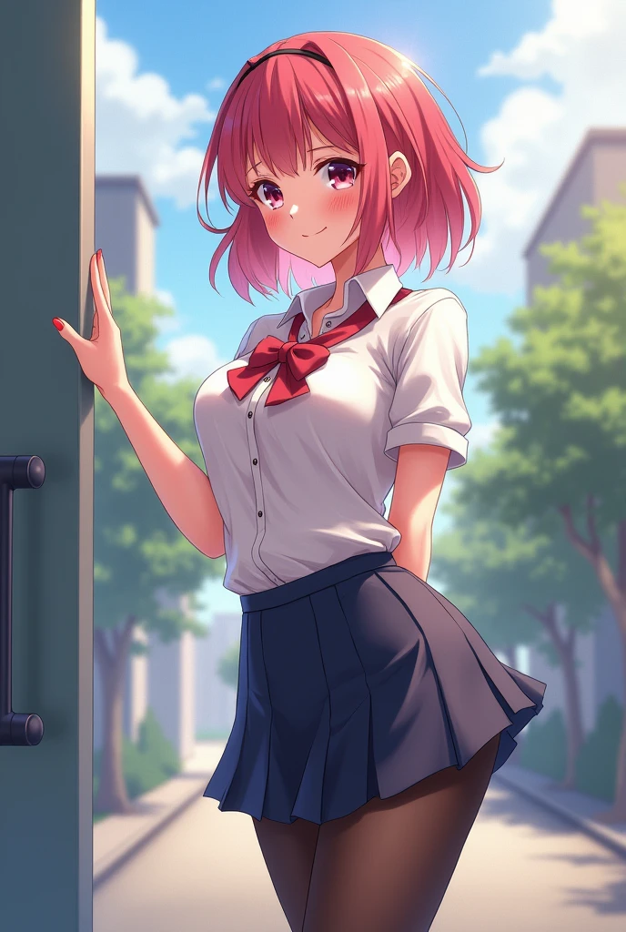 nakano nino, short hair, medium breast, slim legs, happy, cleavage, short skirt, navel, blue eyes, school uniform, thigh high socks, standing, library, pink hair