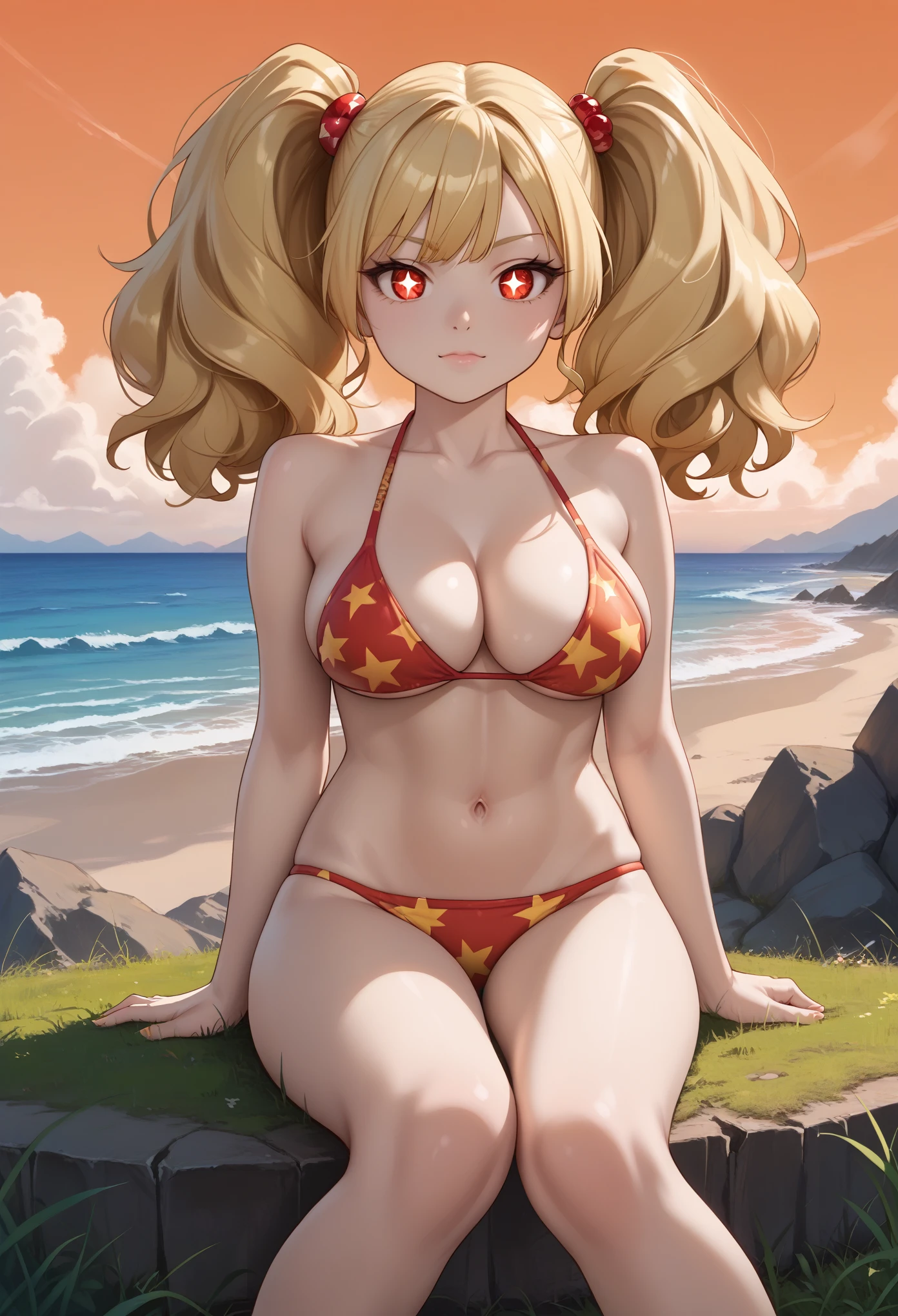 score_9_up, score_8_up, score_7_up, solo, source_anime, 1girl, super hero girl, +_+, bright pupils, detailed eyes BREAK 

Large breasts, Blonde hair, red eyes, twintails, big hair BREAK star pattern bikini, red bikini, legs BREAK 

Closed mouth, pretty face, outdoors, looking at viewer, ocean, sunset sky, orange sky, grass, mountains BREAK