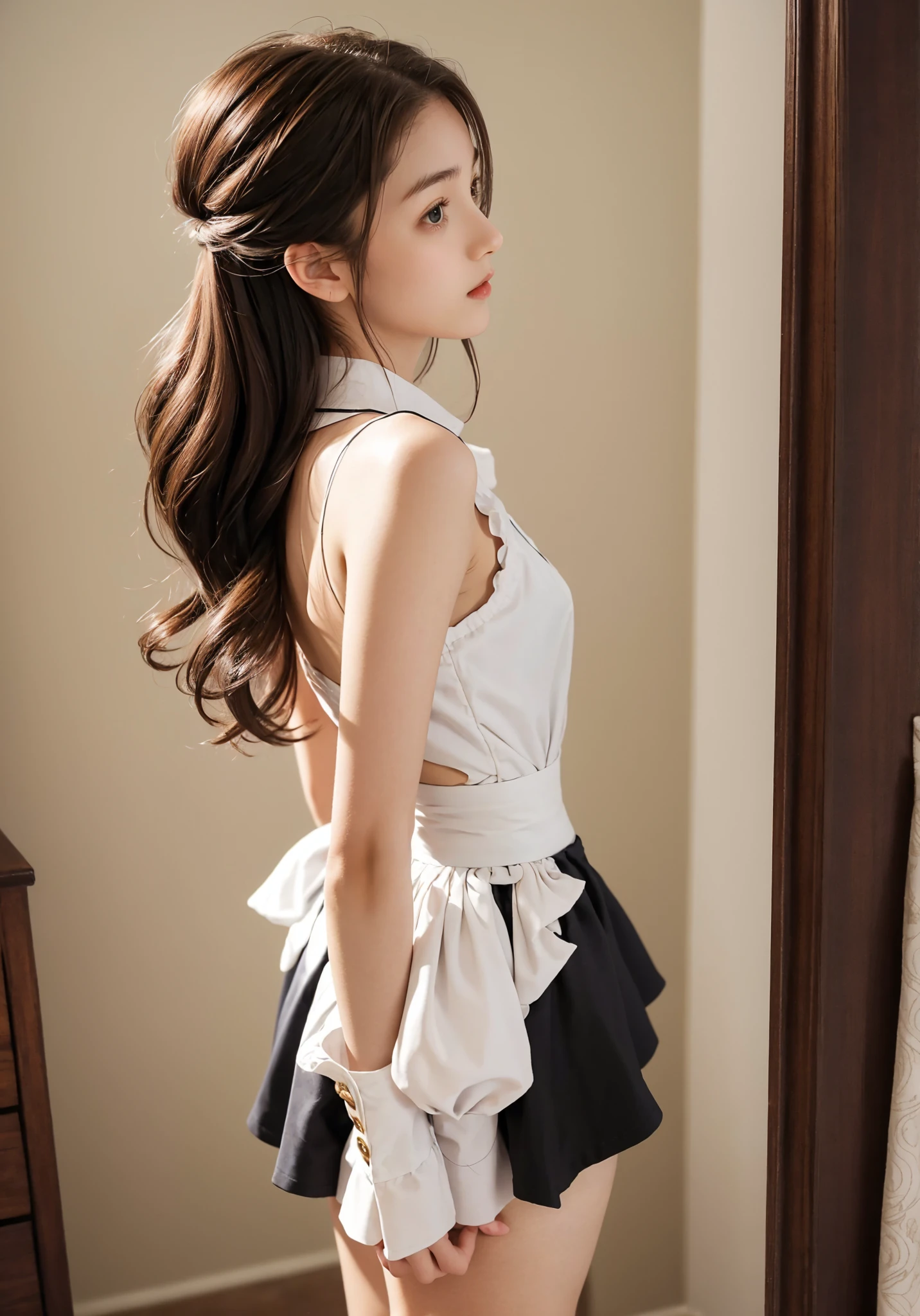 Maid, chignon hair,brown hair,slender body,cute pretty girl