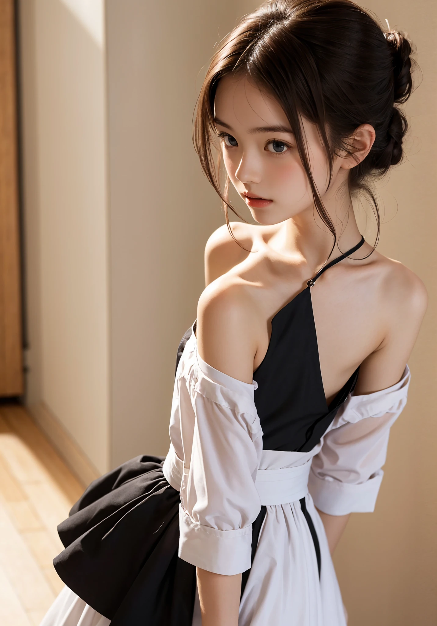 Maid, chignon hair,brown hair,slender body,cute pretty girl