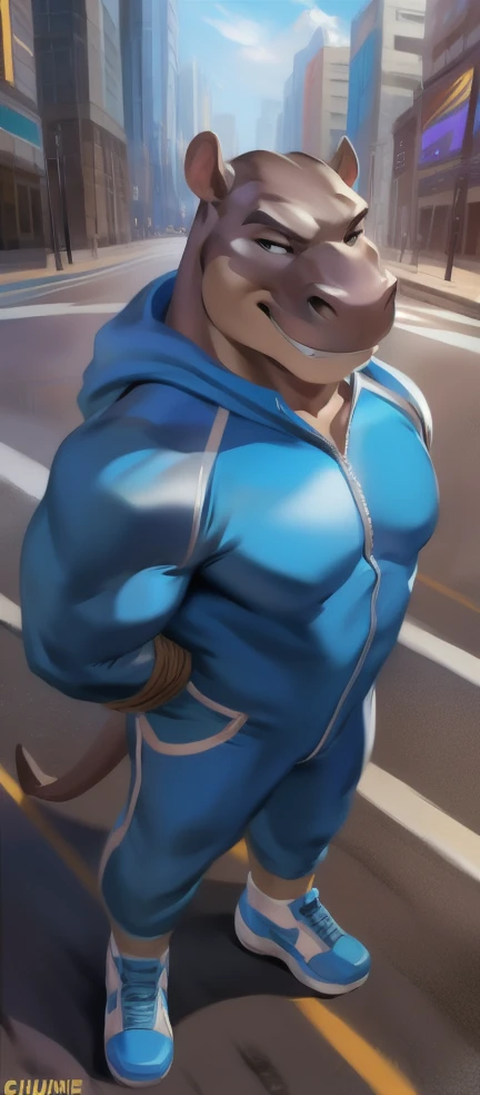 solo, male, brown fur, otter, chase hunter, brown goatee, wearing a (white and blue accent bodysuit cycling gear, spandex one-piece bodysuit), orange sunglasses, cycling helmet, cycling fingerless gloves (gloves), shoes (sneakers), lean on the tree, public park, bulge, lustful smile expression, full-body shot, by zackarry911, by zaush, detailed eye, detailed face