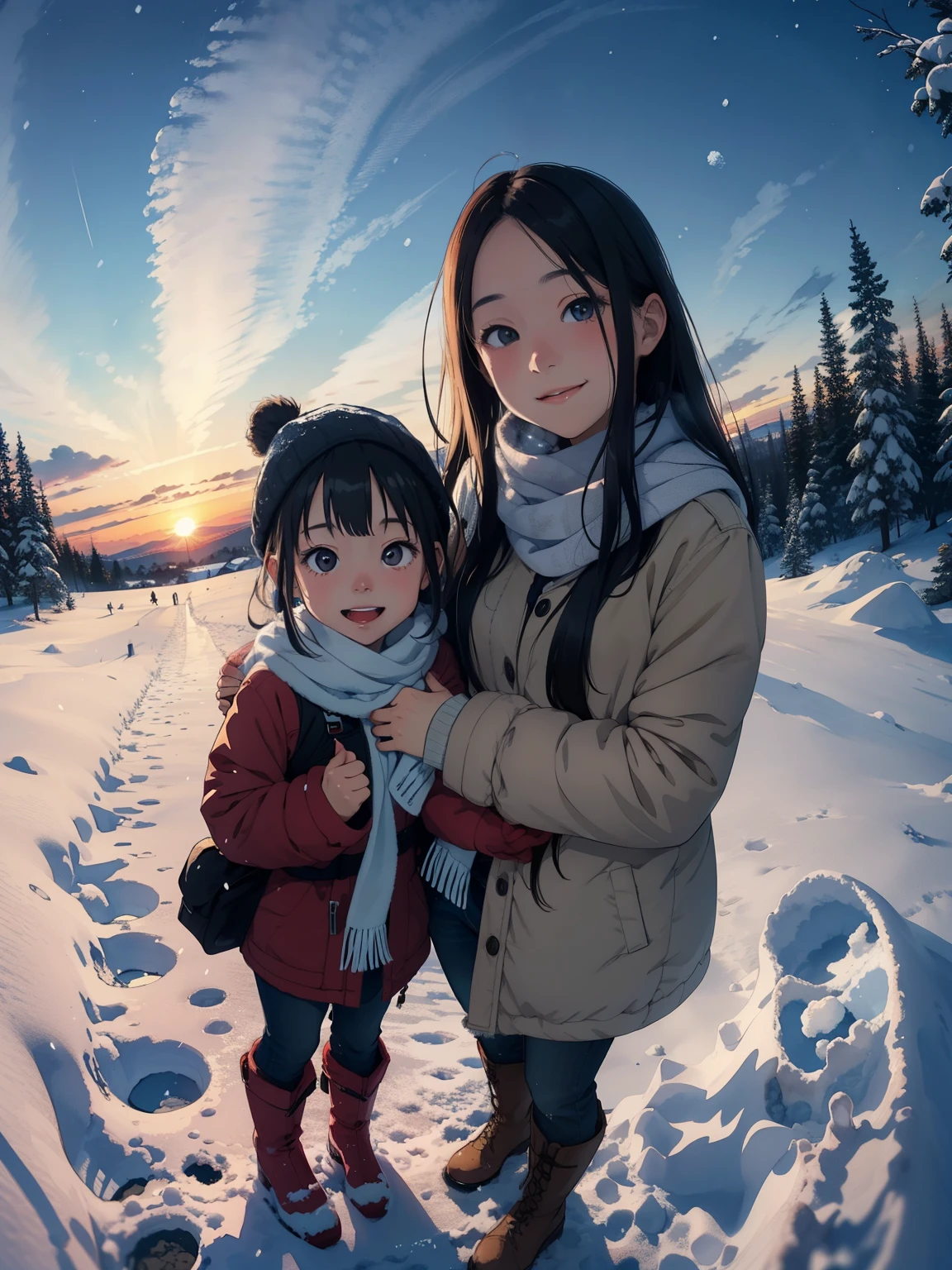 masterpiece，  best quality，High image quality，(  super flat ，  Flat Shading  )，  fisheye lens，Beautiful petite trained young mother and her very cute little trained daughter:1.25，   warm scarf，(naked)，Long Hair，   boots，smile, smile，White Breath:1.2，fun, play, winter, snow, 新snow，dusk，  beautiful sunset  ，  Aurora，Wide angle,      bright color , watercolor, Ghibli Style，Strong winds，     girl&#39;Lure，