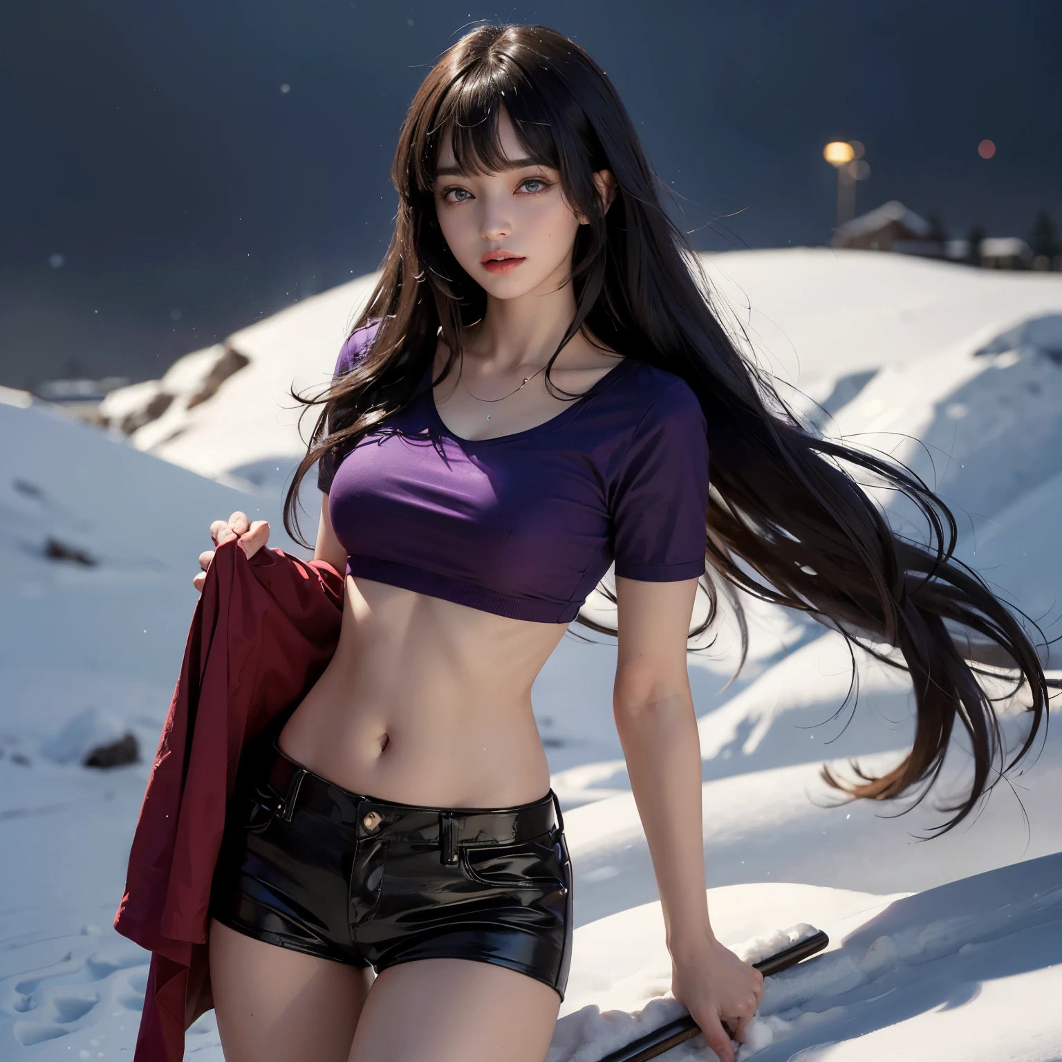 8K, Top Quality, Intricate Details, Ultra Detail, Ultra High Resolution, Masterpiece, random angle, Slender, Smile, (Makeup: 0.4), (Fluffy Blue Eyes: 1.21), blue Eyes, looking at viewer, ((full body)), 1girl, solo, 1 girl, (( full body)), close up shot, , ((tall)), (((fit body))), (((slim face))), sharp face, sharp eyes, (((black hair, long hair, )) , (detailed face), sharp face, small lips, holding pistol, handgun,
(( )), ((, red scarf )), detailed face, detailed breast, , large breast, detail ass, , Beautiful girl with accentuated slender abs: 1.4, Six Pack Abs: 1.4, Bust Botox, Big, Perfect Body, detail leg, (( moonlight)), in the snow