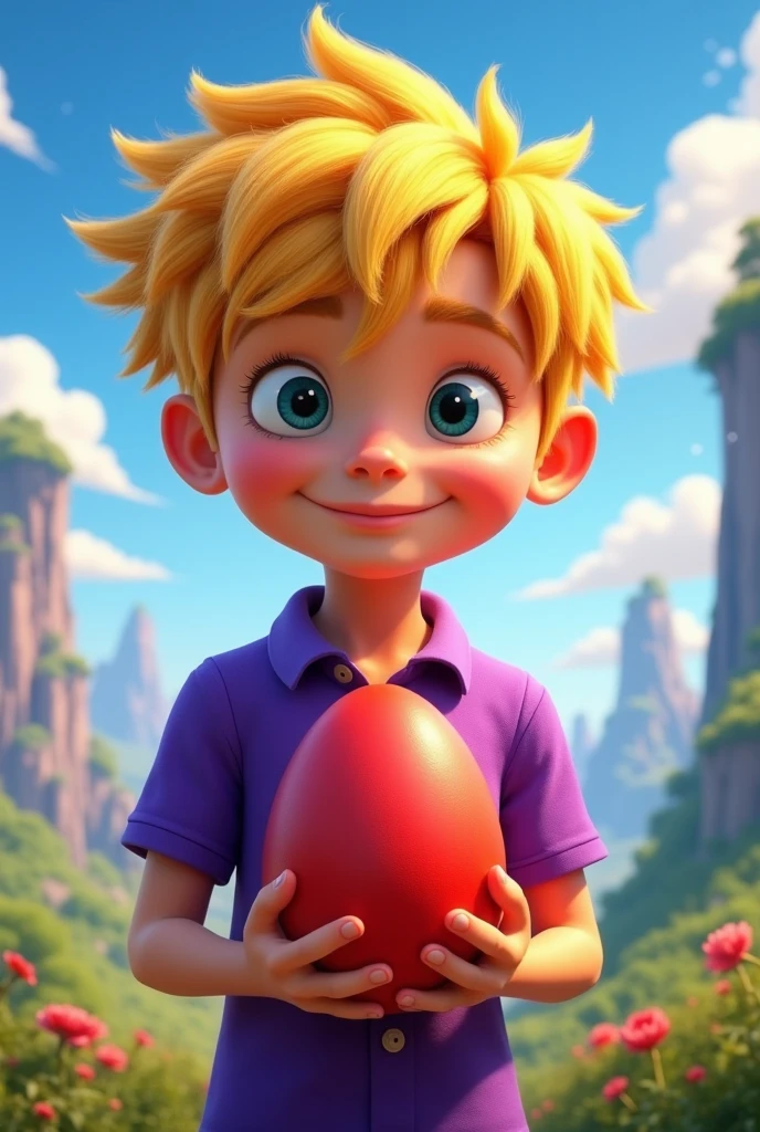 Create Disney version movie cover but have a boy with yellow hair purple polo shirt with a red dragon egg and the Disney logo BLOCKMAN GO THE MOVIE
