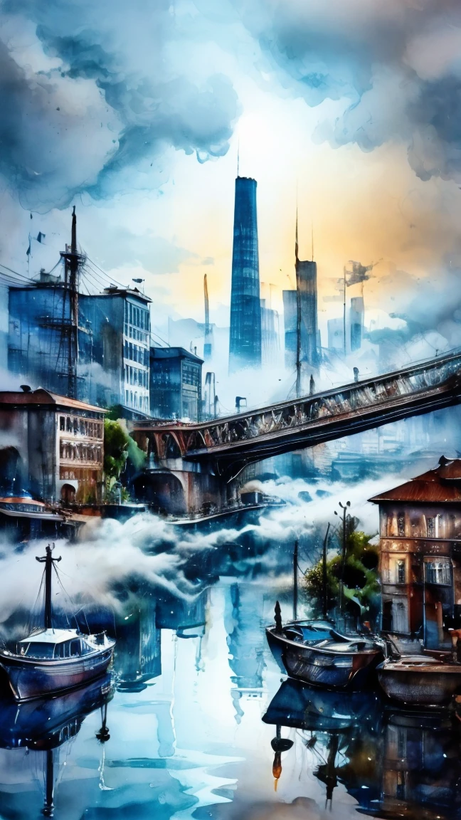 masterpiece, best quality, water, city, reflection of city, (fog:1.3)