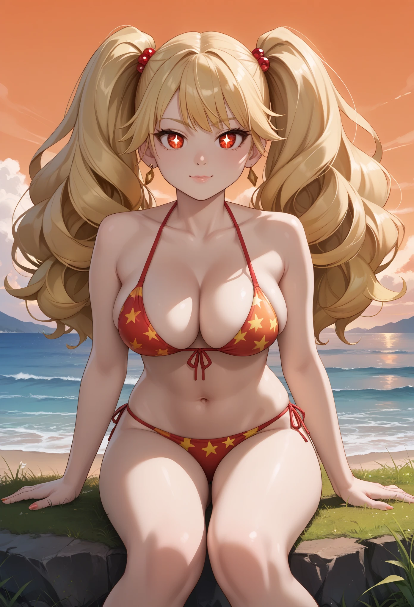 score_9_up, score_8_up, score_7_up, solo, source_anime, 1girl, super hero girl, +_+, bright pupils, detailed eyes BREAK 

Large breasts, Blonde hair, red eyes, twintails, big hair BREAK star pattern bikini, red bikini, legs BREAK 

Closed mouth, pretty face, outdoors, looking at viewer, ocean, sunset sky, orange sky, grass, mountains BREAK