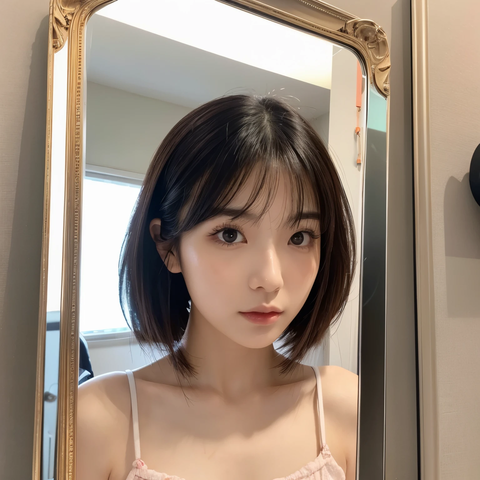 (masterpiece,best quality:1.4),(8k,raw photo,photo realistic:1.4),(super resolution), (absurdres),(shiny skin:1.3),detailed skin,detailed face,detailed eyes,(beautiful sparkling eyes:1.2),Symmetrical eyes,Detailed ear,1girl,((Japanese idol)),short hair,((beautiful face)),Detailed Background,Beautiful shiny hair,,(((Cute face))),((Beautiful teen)),(((leaning forward:1.2))),((Instagram cute Girl)),upper body,(Zoom in on face),,,beautiful face,,natual light,,(Very detailed ,trend design,online shopping,LUMINE® Market,),nsfw,Instagram Style,(((anochan))),indoor,flat chest,((front view))