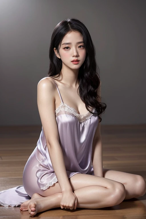 highest quality, masterpiece, Ultra-high resolution, (Realistic:1.4), RAW Photos, 18-year-old, Simple gray background, ((sexy silk nightgown、Disheveled Hair, sitting on the floor)), Looking at the audience