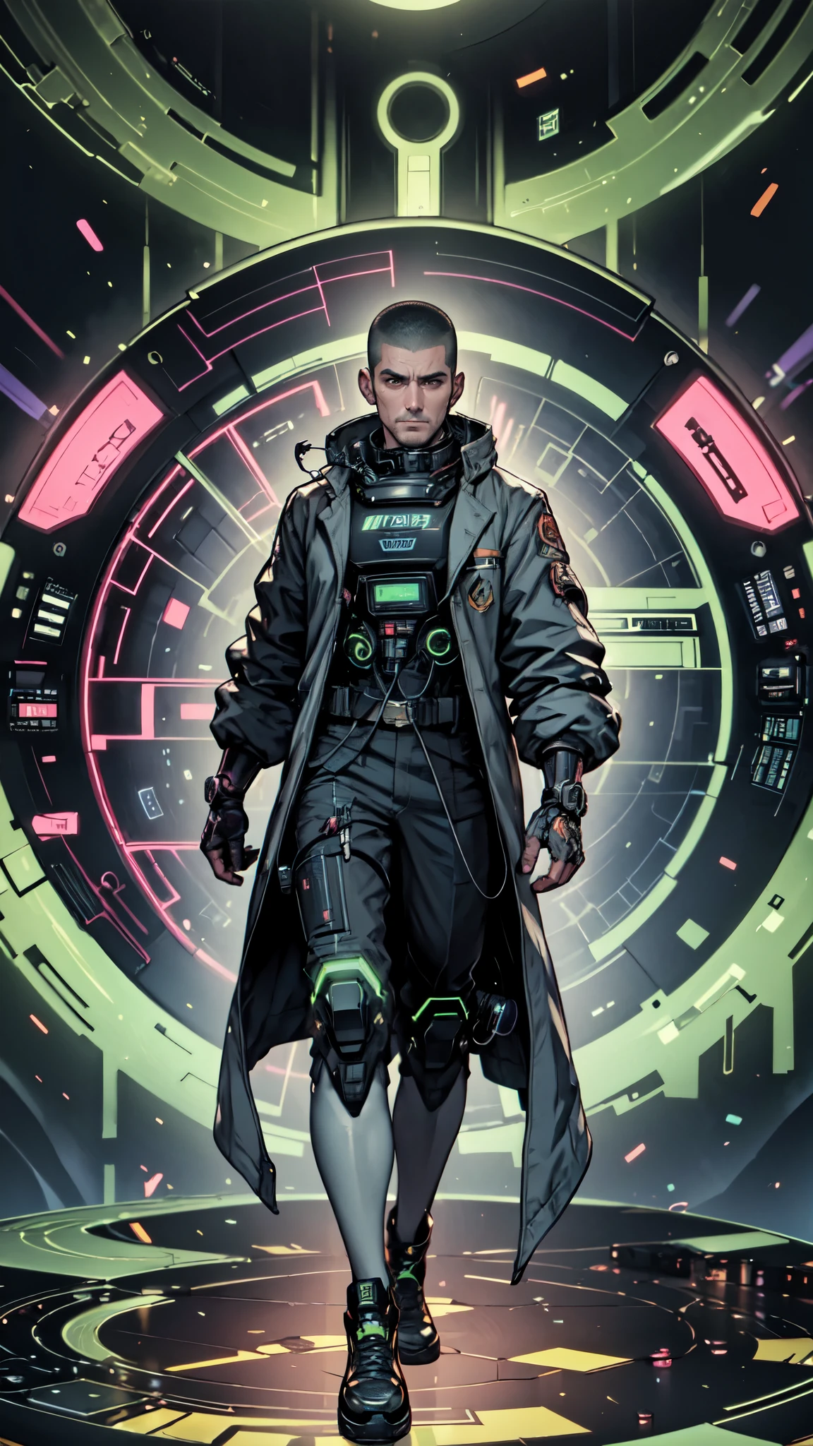 (masterpiece:1.2, best quality:1.2, extremely delicate:1.2), ((male:1.5)), a man with crew cut, calm and rational expression, thick eyebrows, wise gaze, mechanical tissue embedded in the face, cybernetic body, a futuristic sci-fi-style high-collar scientist coat, the color scheme is primarily white with blue and purple accents, matching utility pants, the background is a mysterious ancient civilization laboratory, many green glowing culture tanks in the background, this character embodies a finely crafted futuristic sci-fi-style scientist in anime style, exquisite and mature Manga art style, dramatic, high definition, highres, ultra-detailed, ultra-fine painting, professional, perfect body proportions, golden ratio, anatomically correct, symmetrical face, extremely detailed eyes and face, high quality eyes, creativity, RAW photo, UHD, 32k, Natural light, cinematic lighting, (masterpiece-anatomy-perfect:1.2)