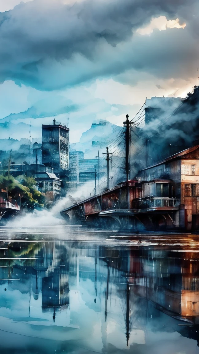 masterpiece, best quality, water, city, reflection of city, (fog:1.3)