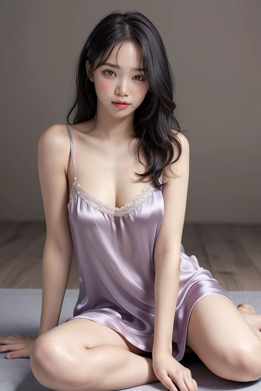 highest quality, masterpiece, Ultra-high resolution, (Realistic:1.4), RAW Photos, 18-year-old, Simple gray background, ((sexy silk nightgown、Disheveled Hair, sitting on the floor)), Looking at the audience