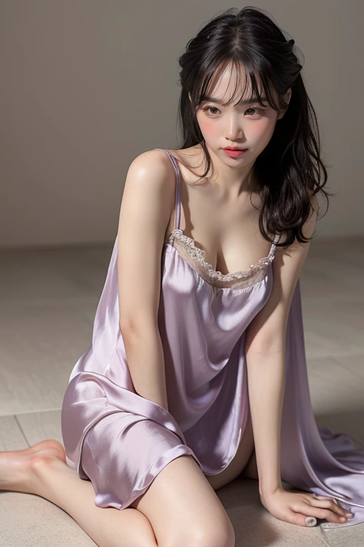 highest quality, masterpiece, Ultra-high resolution, (Realistic:1.4), RAW Photos, 18-year-old, Simple gray background, ((sexy silk nightgown、Disheveled Hair, sitting on the floor)), Looking at the audience