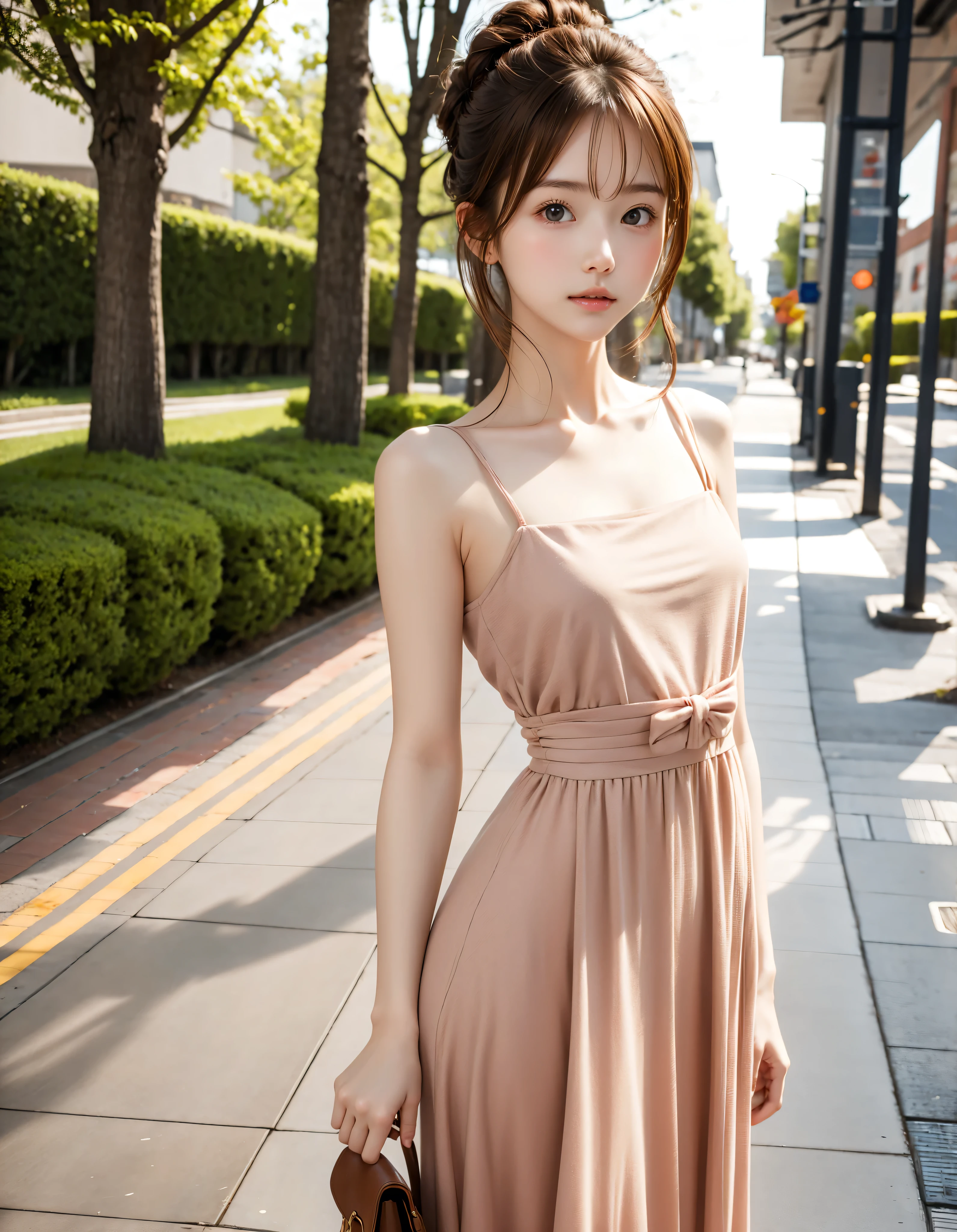 chignon hair,brown hair,slender body,cute pretty girl