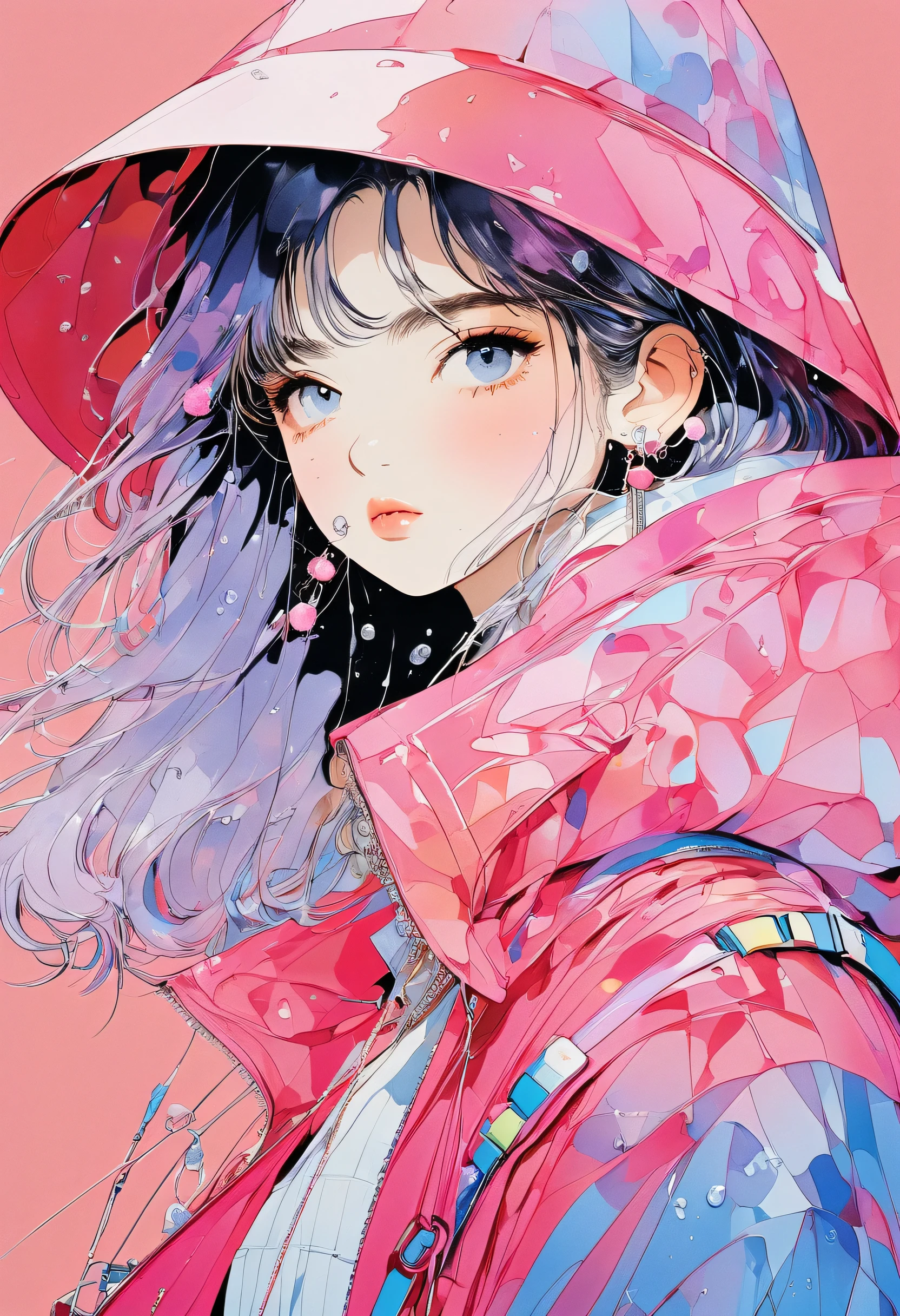 (Highest quality:0.8), (Highest quality:0.8), Perfect illustration,Beautiful woman portrait、One girl, bangs, , Mouth closed,, ear Earrings, Earrings,  Raincoat, jewelry, looking at iniewer, Medium Hair, Manicure, necklace, Earrings, short hair, hydrangea in the background、Hydrangea on background, sleeines past wrists, one person in, Both sides up, Upper Body, in, Pop Background、Droopy eyes、Celebrity Hat Pink Gradient Hair Color、rainy season、 sommer、